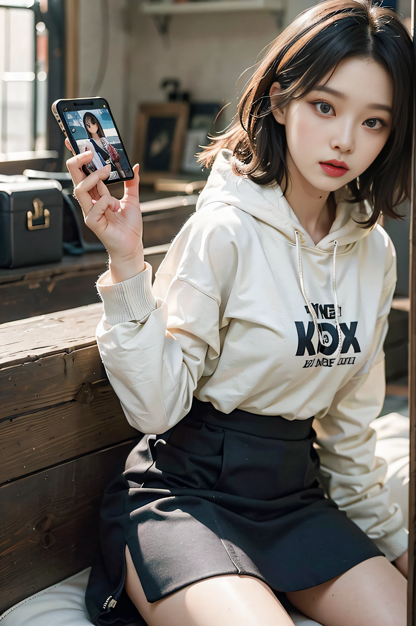 Top image quality、Raw photography、超A high resolution、17-year-old cool Korean、big round chest、Hoodie without front closure、Inside the trimmed length、skirt by the、Beautiful Eyes of Details、elongated eyes、Eye lashes、Beautiful double eyelids、eyeshadows、Slender eyes、耳Nipple Ring、