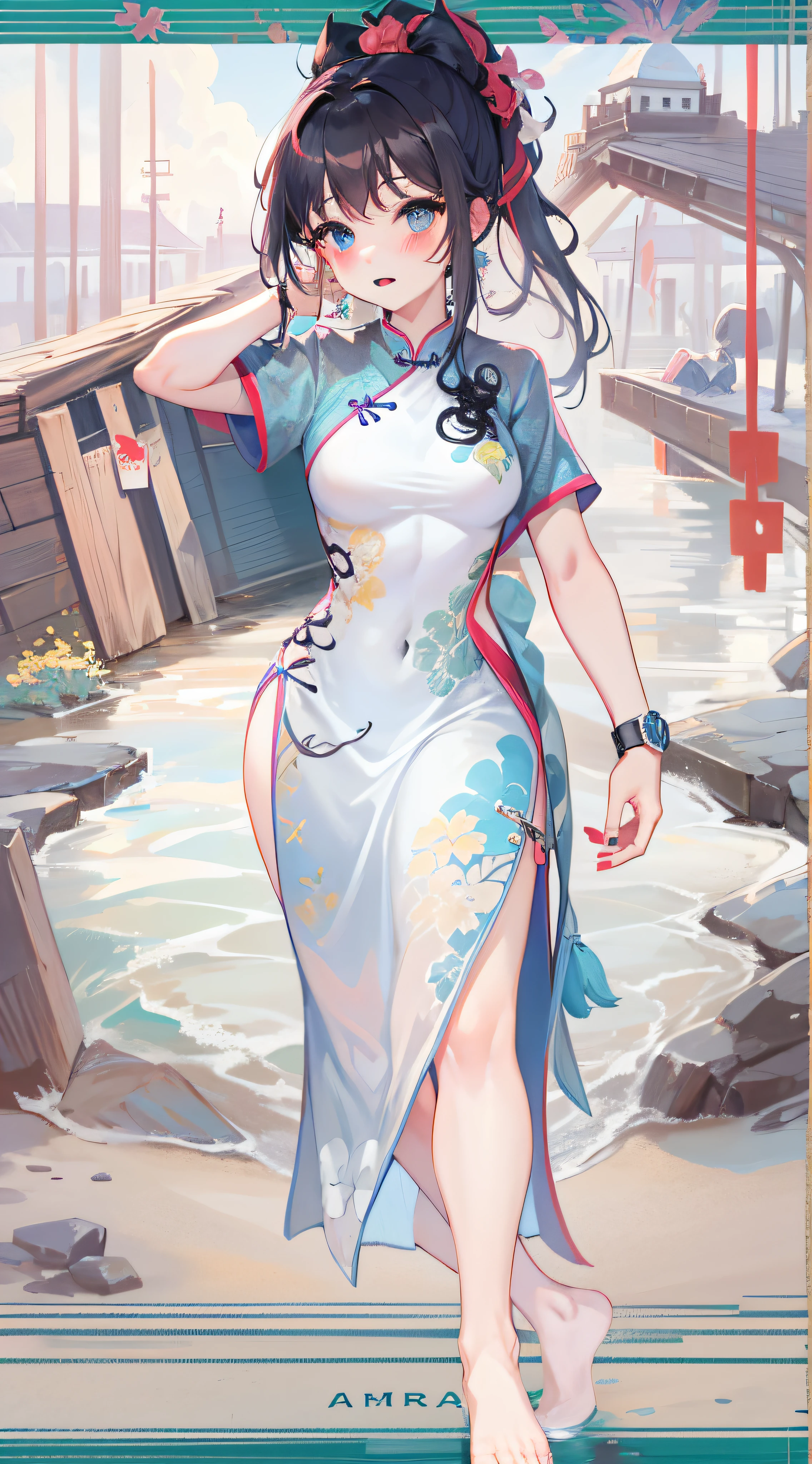 Seventh March, Seventh_Marchen, 1girll, 独奏, ((on cheongsam)),(cleanness:1.2), Fair thighs, nedium breasts,Bigboobs,, beachside ,Get wet, pony tails, Blue earrings,house, long whitr hair, looking at viewert, Short pink nails, Blue eyes, 独奏, upper legs, ((Black lace)),((tmasterpiece:1.1)), nameplate, ID tags, the sea, Be red in the face, A sexy pose, with hands behind her back