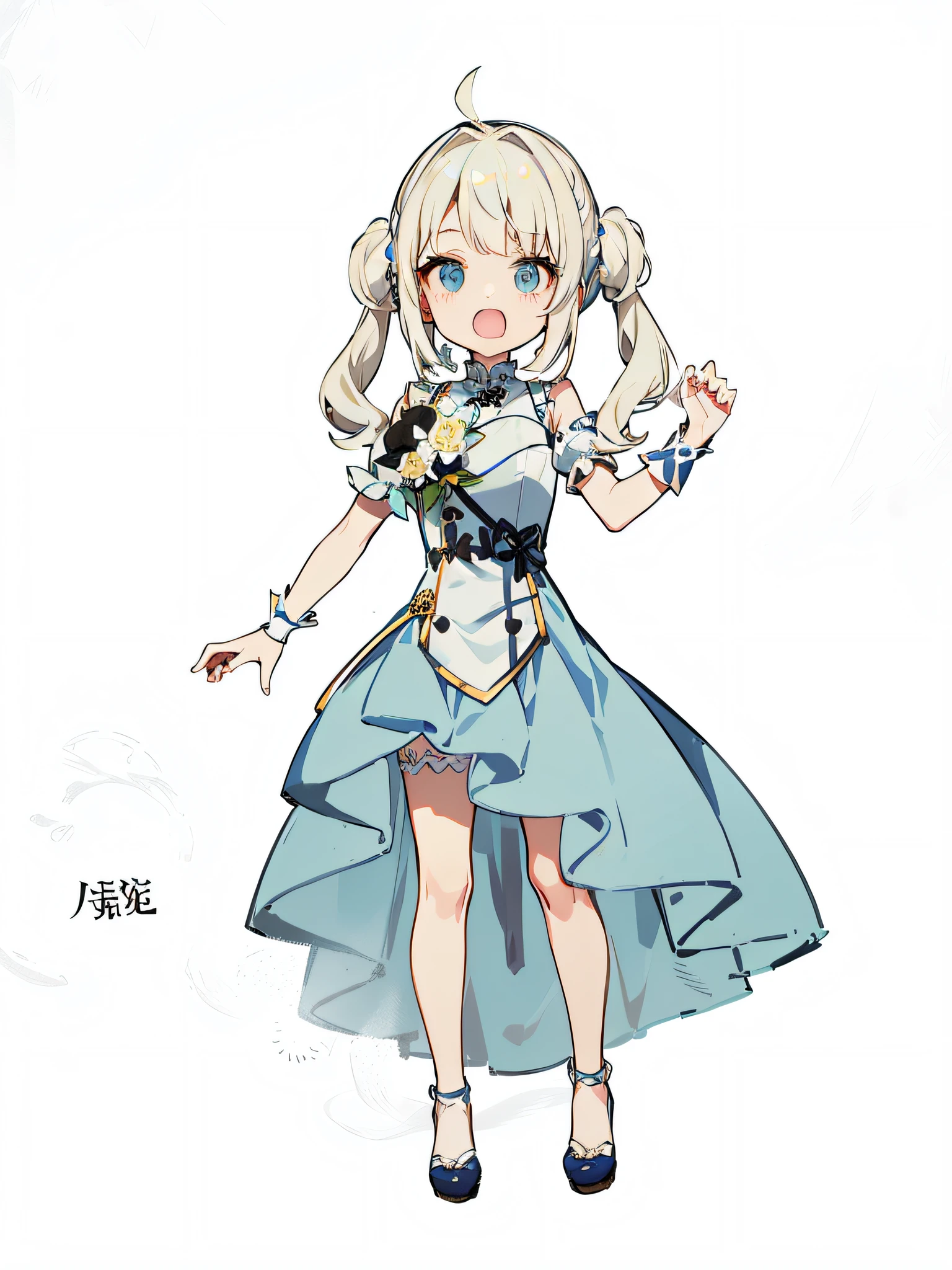 Ahoge blonde twin tails and metal hair ornament、White Sleeveless Cheongsam、White short-sleeved puff sleeves、White ruffled cuffs and metal bracelet、Light Blue Asymmetrical Fishtail Dress、white panniers、Metal choker、Metal Garter Rings、Metal pump