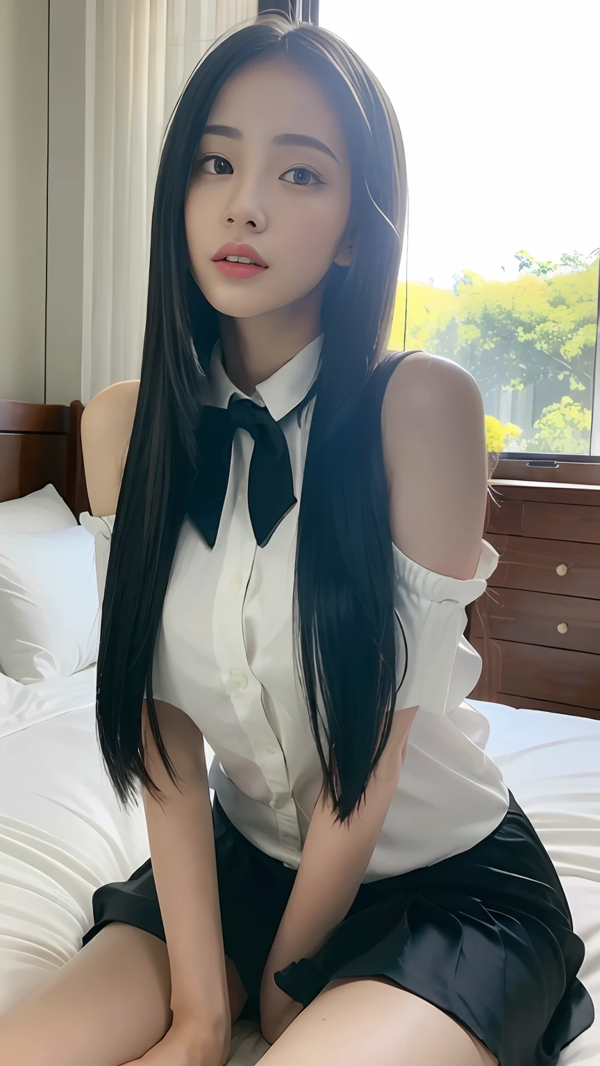 ((Best Quality, 8K, Masterpiece:1.3)), A beautiful girl, pure, melon face, gentle and cute, thin figure, (frontal), (tilted head), looking directly at the camera, uniform, obi, formal, black silky long straight hair, long hair flowing over the shoulders, round black big eyes, clear big eyes, moist red lips, sweet, sitting on the bed, sunlight, window background,