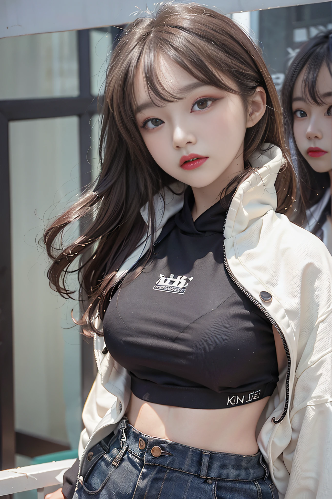 Top image quality、Raw photography、超A high resolution、18 year old cool Korean、big round chest、Hoodie without front close、Cropped camisole、skirt by the、beautiful hairl、Beautiful Eyes of Details、elongated eyes、Eye lashes、Beautiful double eyelids、eyeshadows、Slender eyes、耳?????? Ring、