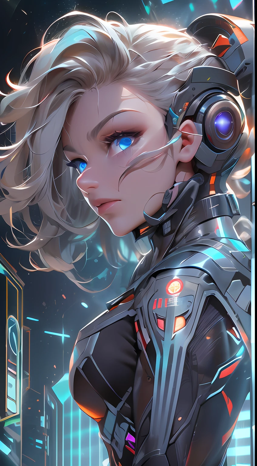 (Absurdres, Intricate Details, Masterpiece, Best Quality, High Resolution, 8k), 1 male, european, mature, aged up, handsome, finely detailed eyes and face, yellow french crop hair, blue eyes,cyborg portrait,  looking at viewer, solo, (full body:0.6), detailed background, close up, detailed face,  futuristic glowing  steel armor,    high-tech,  gadgets, advanced technology, nanotech,   headset, head-up display,  epic galactic spaceship in background,  lens flare, neon lights,   electricity, explosions, screens,  cinematic atmosphere, Depth of Field, VFX.