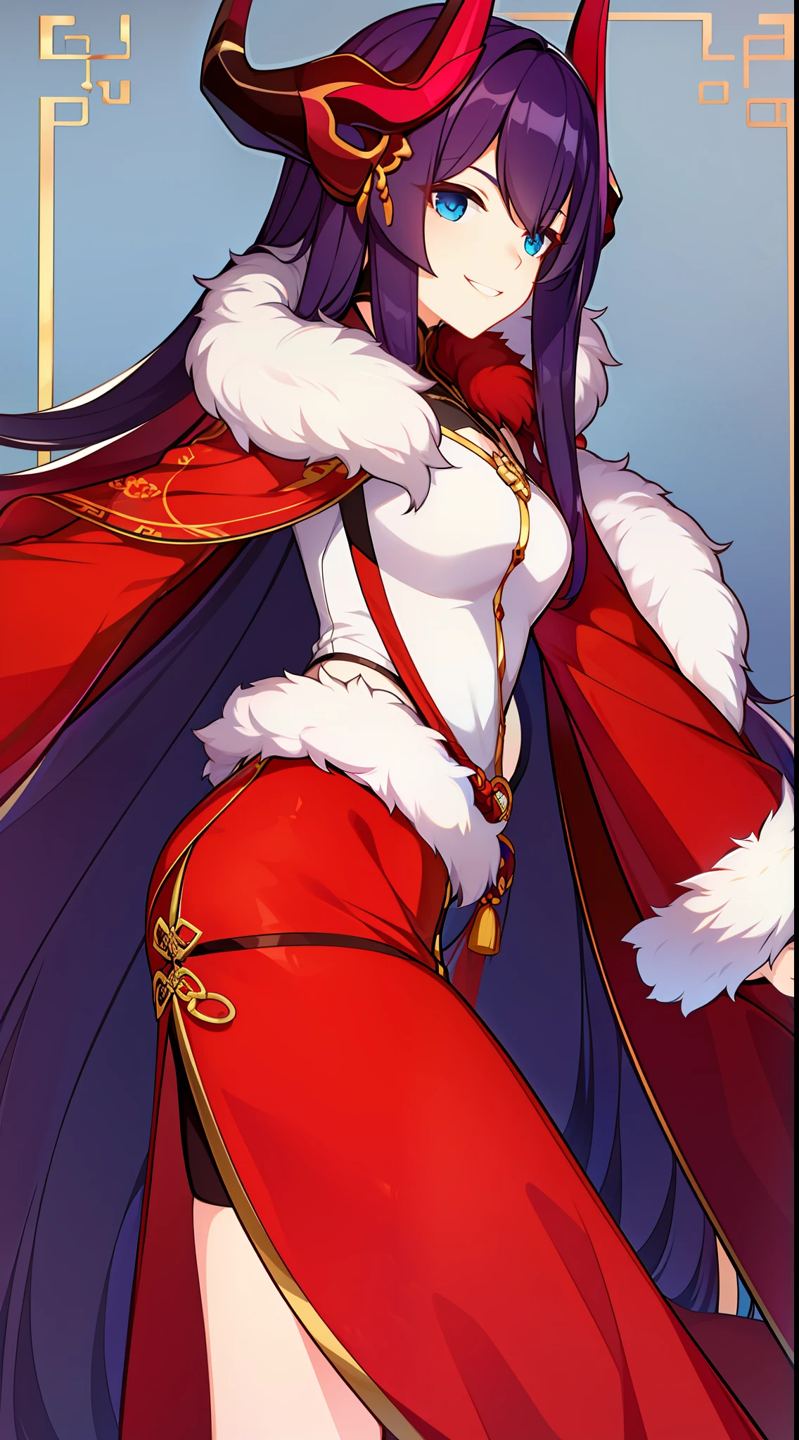 young girl, long purple hair, blue eyes, horns last year, Chinese fur coat, tea, ssmile, Masterpiece, hiquality