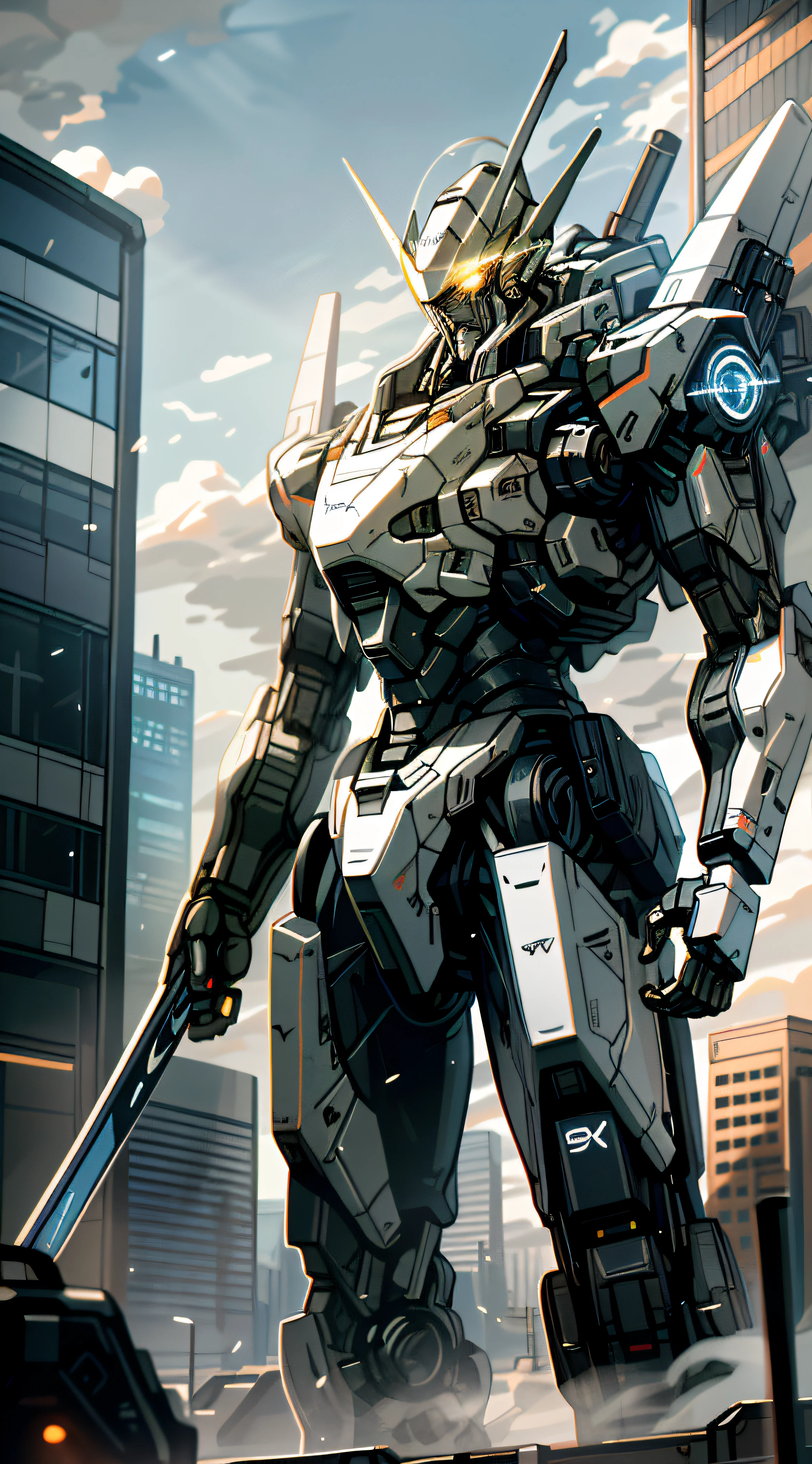 Best quality good and detail，Skysky，​​clouds，holding_weapon，no_humans，with light glowing，，droid，buliding，glowing_eyes，mecha，scientific fiction，城市，Realistis，mecha