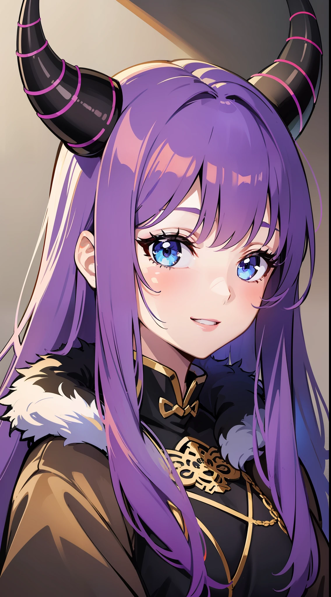 young girl, long purple hair, blue eyes, horns last year, Chinese fur coat, tea, ssmile, Masterpiece, hiquality