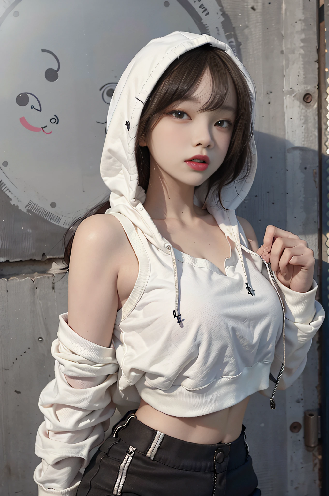 Top image quality、Raw photography、超A high resolution、18-year-old cool Korean、big round chest、Hoodie without front closed、Cropped camisole、skirt by the、Beautiful Eyes of Details、very elongated eyes、Beautiful eyelashes、Beautiful double eyelids、eyeshadows、耳Nipple Ring、