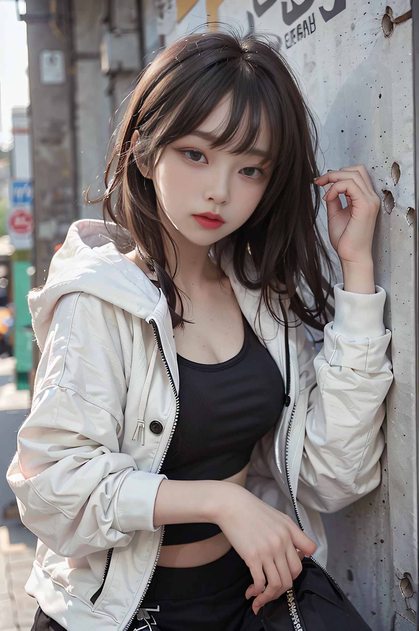 Top image quality、Raw photography、超A high resolution、18-year-old cool Korean、big round chest、Hoodie without front closed、Cropped camisole、skirt by the、Beautiful Eyes of Details、very elongated eyes、Beautiful eyelashes、Beautiful double eyelids、eyeshadows、耳Nipple Ring、