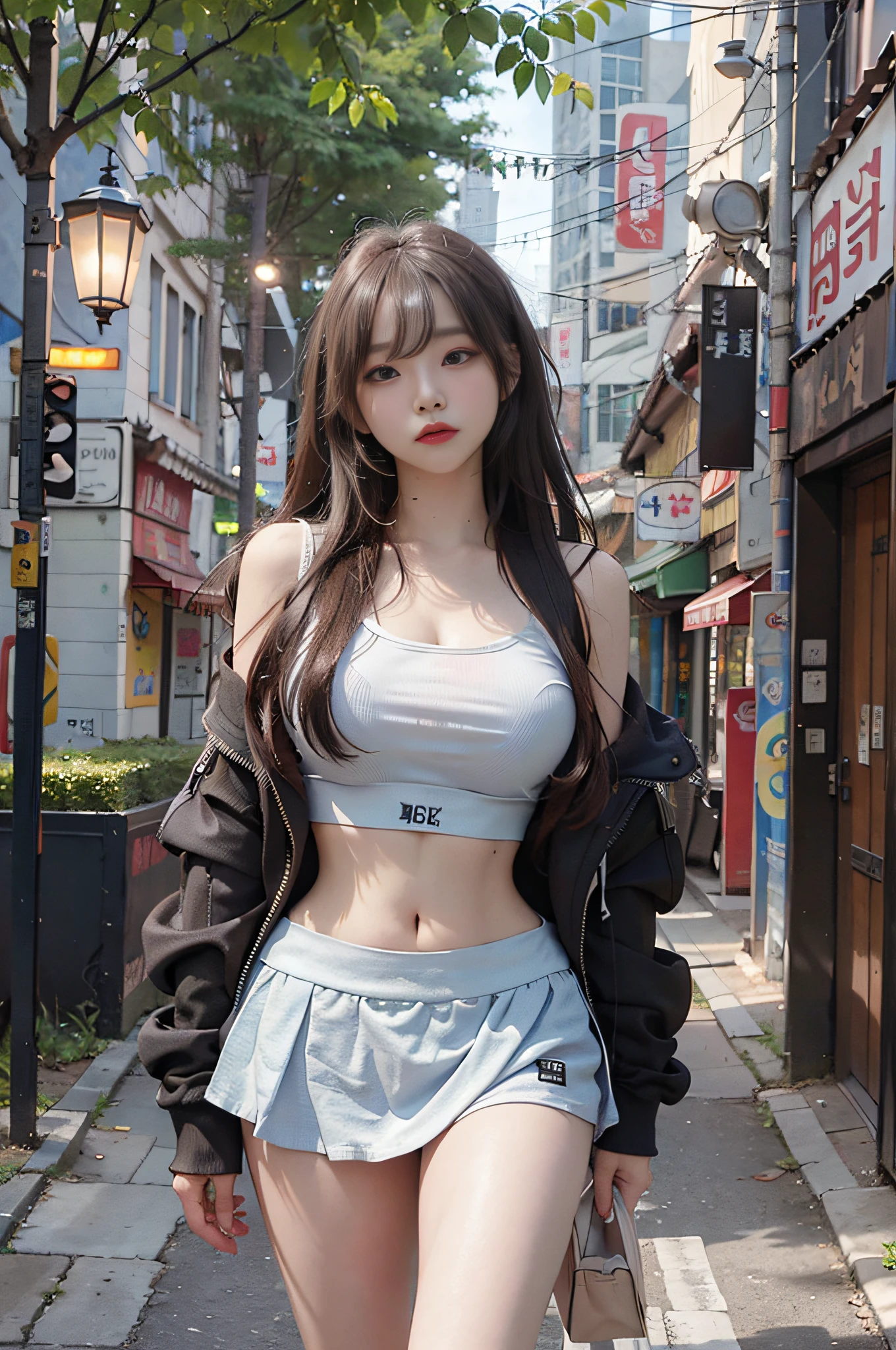 Top image quality、Raw photography、超A high resolution、18-year-old cool Korean、big round chest、Hoodie without front closed、Cropped camisole、skirt by the、Beautiful Eyes of Details、very elongated eyes、Beautiful eyelashes、Beautiful double eyelids、eyeshadows、耳Nipple Ring、