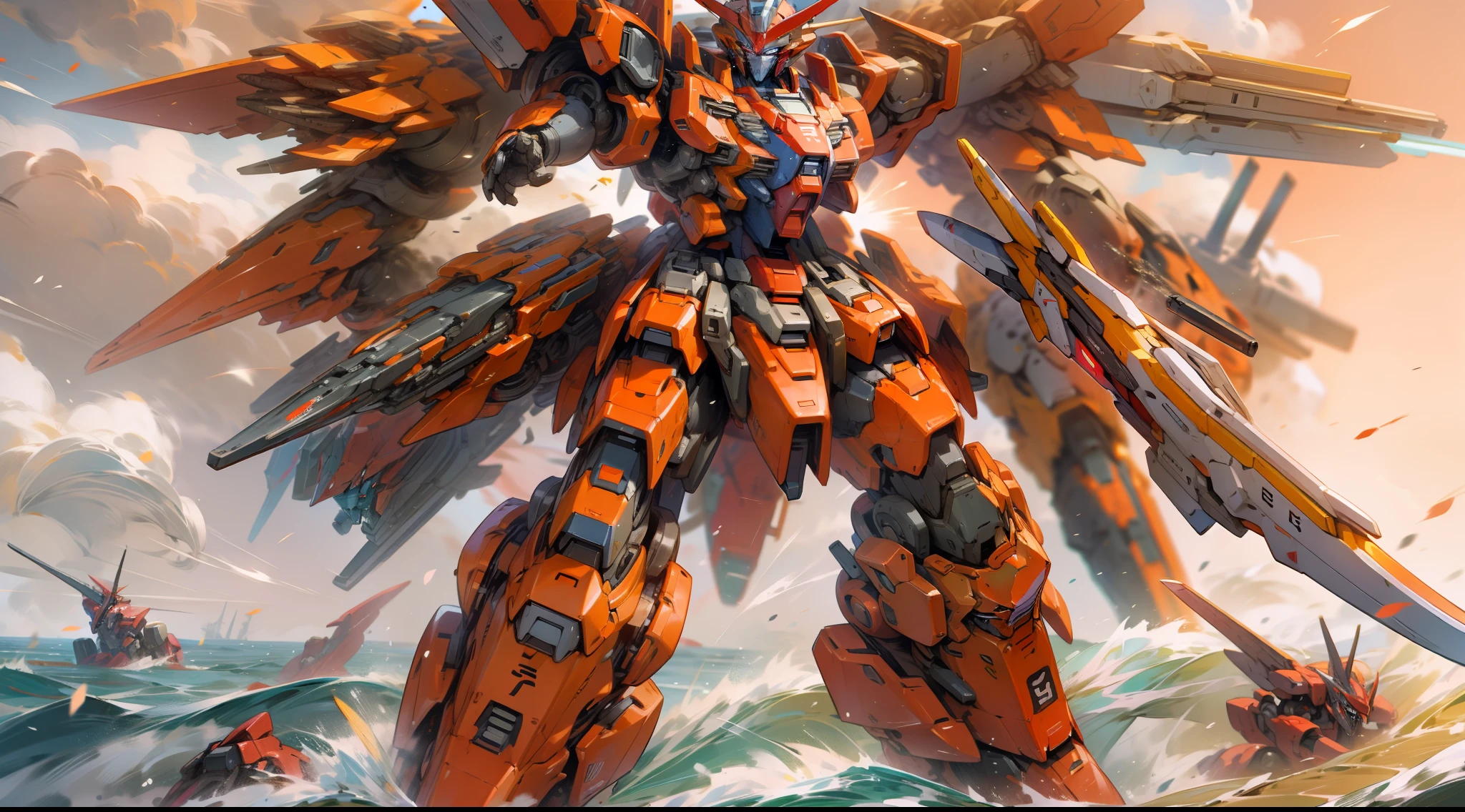 gundam robots, vivid deep red armour, outstanding centre of sea, a lot of battle ship, holding weapon