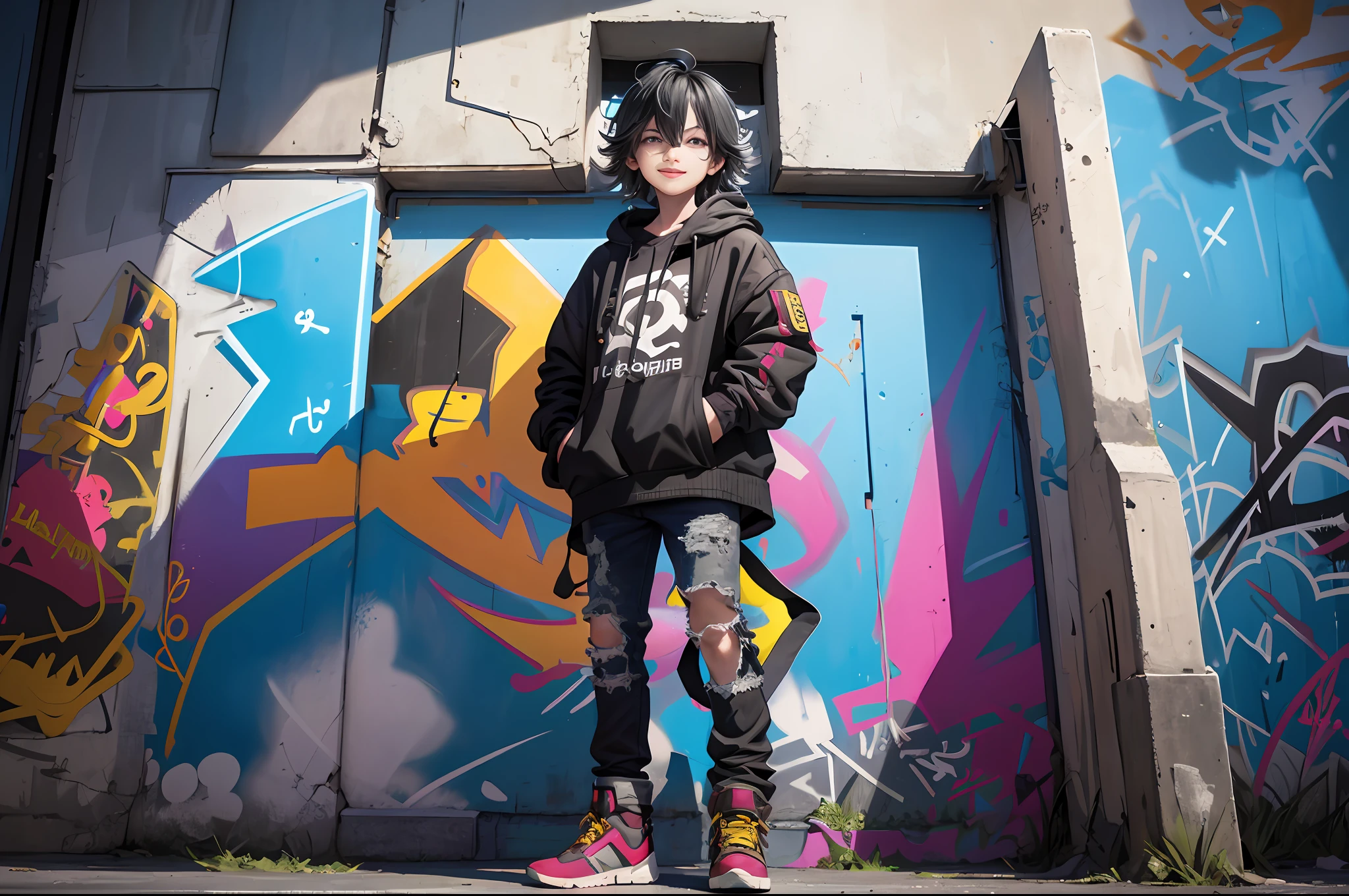 tmasterpiece,best qualtiy,Mysterious Street,The huge walls are painted with colorful artistic graffiti,Art extends to the end of the street,Amazing work,Splashing colors,Bad boy with messy hair,big headphone,stand in front of a wall,Smiling,Wear a trench coat and worn-out jeans,Covered in paint,The boy stands in the lower right corner of the picture,Side Body,Perspective angle,depth of fields,Panorama focuses on the graffiti wall。