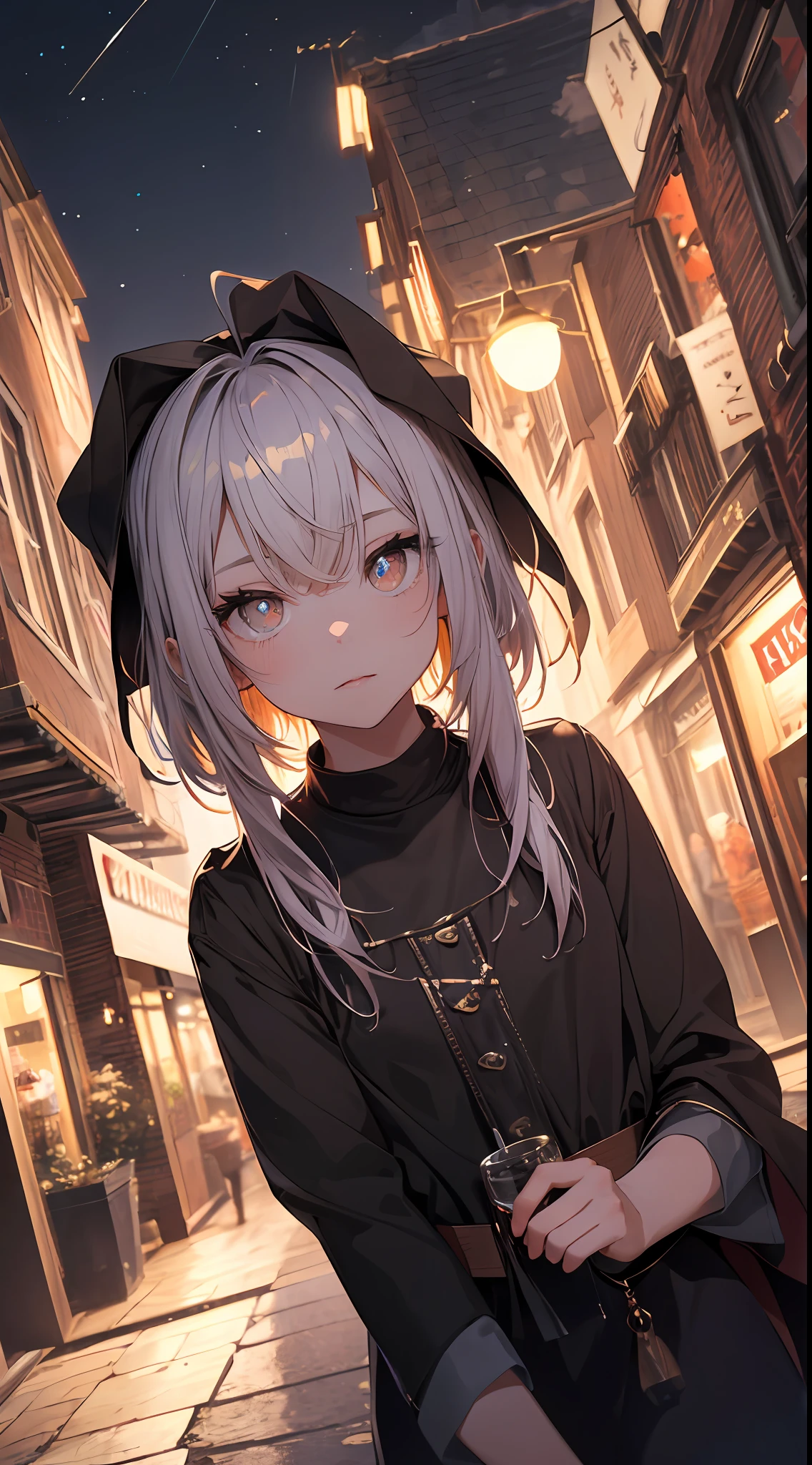 (gradient hair, dutch angle:1.3), film grain, chromatic aberration, city centre, masterpiece, best quality, raw photo, photorealistic, absurdres, 1girl, cute, perspective, cowboy shot, highres, ultra detailed, finely detail, detailed eyes and face, sharp pupils, realistic pupils, sharp focus, summer, night,