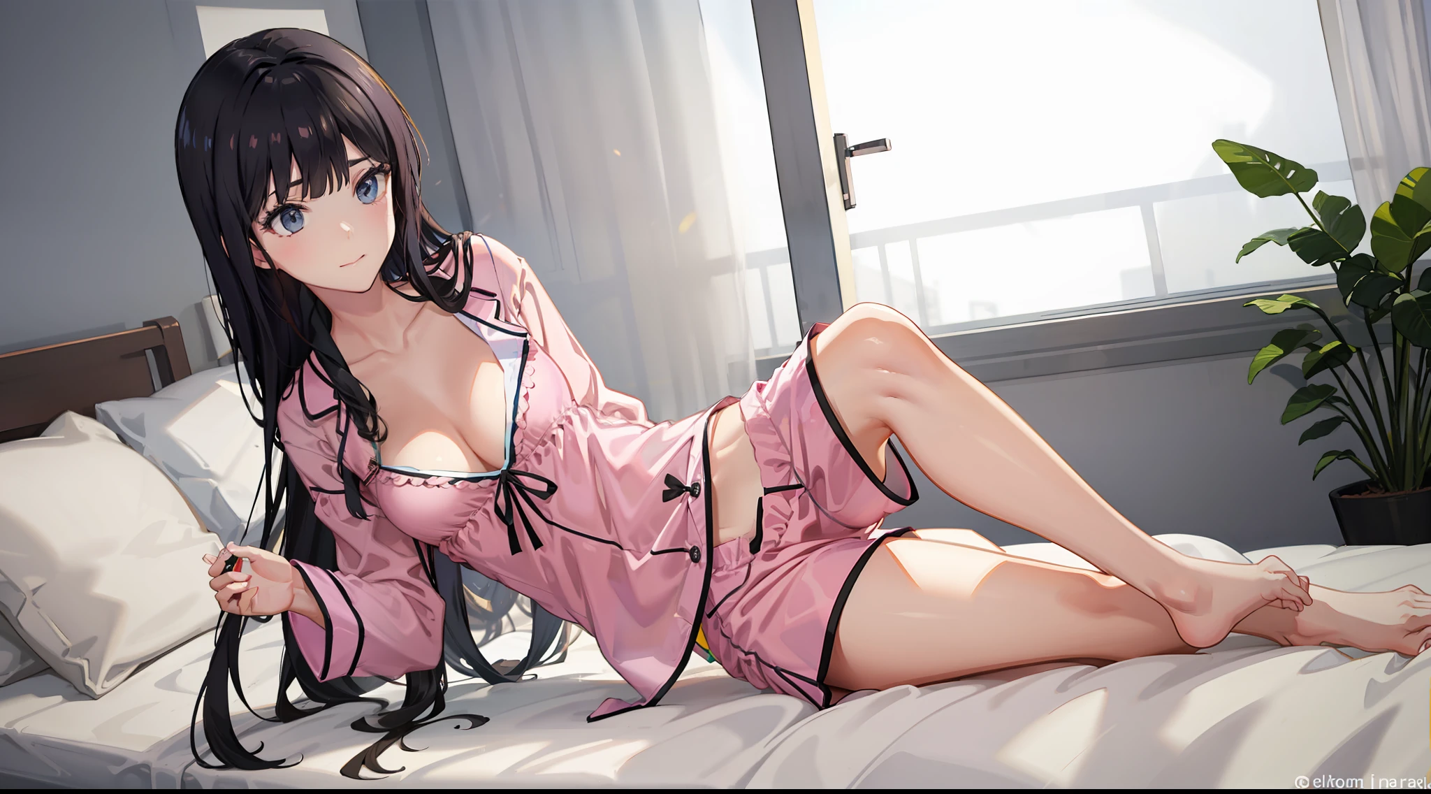long hair, black hair, medium breast, slim legs, nervous, pajamas, cleavage, bedroom, shorts, 4girl