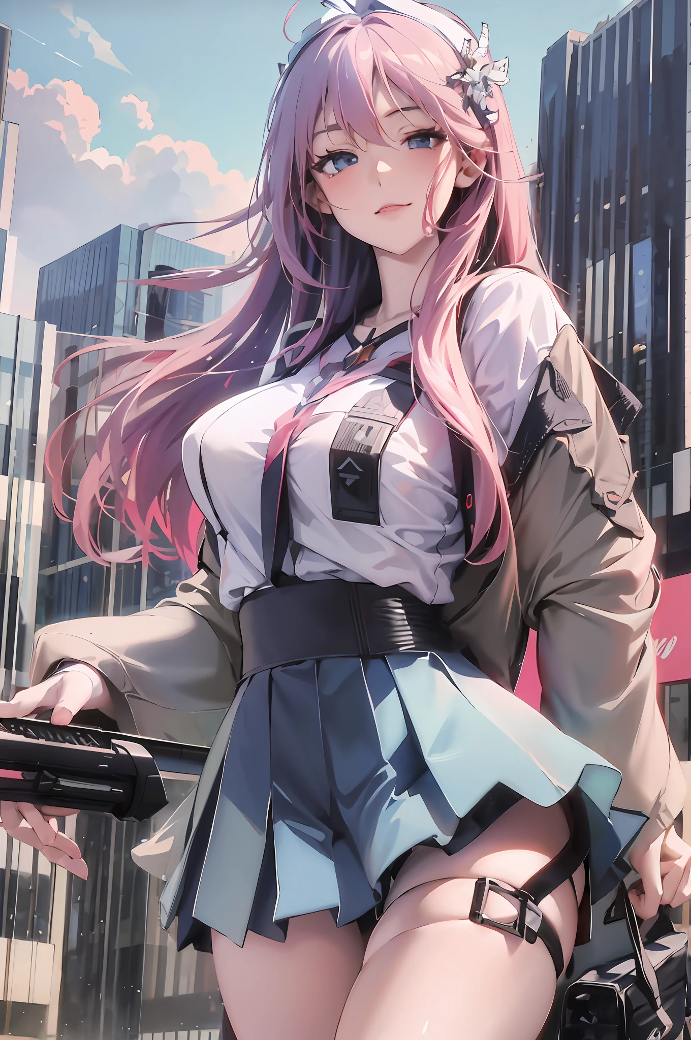 anime girl with long pink hair and a blue skirt holding a gun, anime style 4 k, artwork in the style of guweiz, best anime 4k konachan wallpaper, from girls frontline, anime art wallpaper 8 k, girls frontline style, anime girl with long hair, anime wallpaper 4 k, anime wallpaper 4k, 4k anime wallpaper