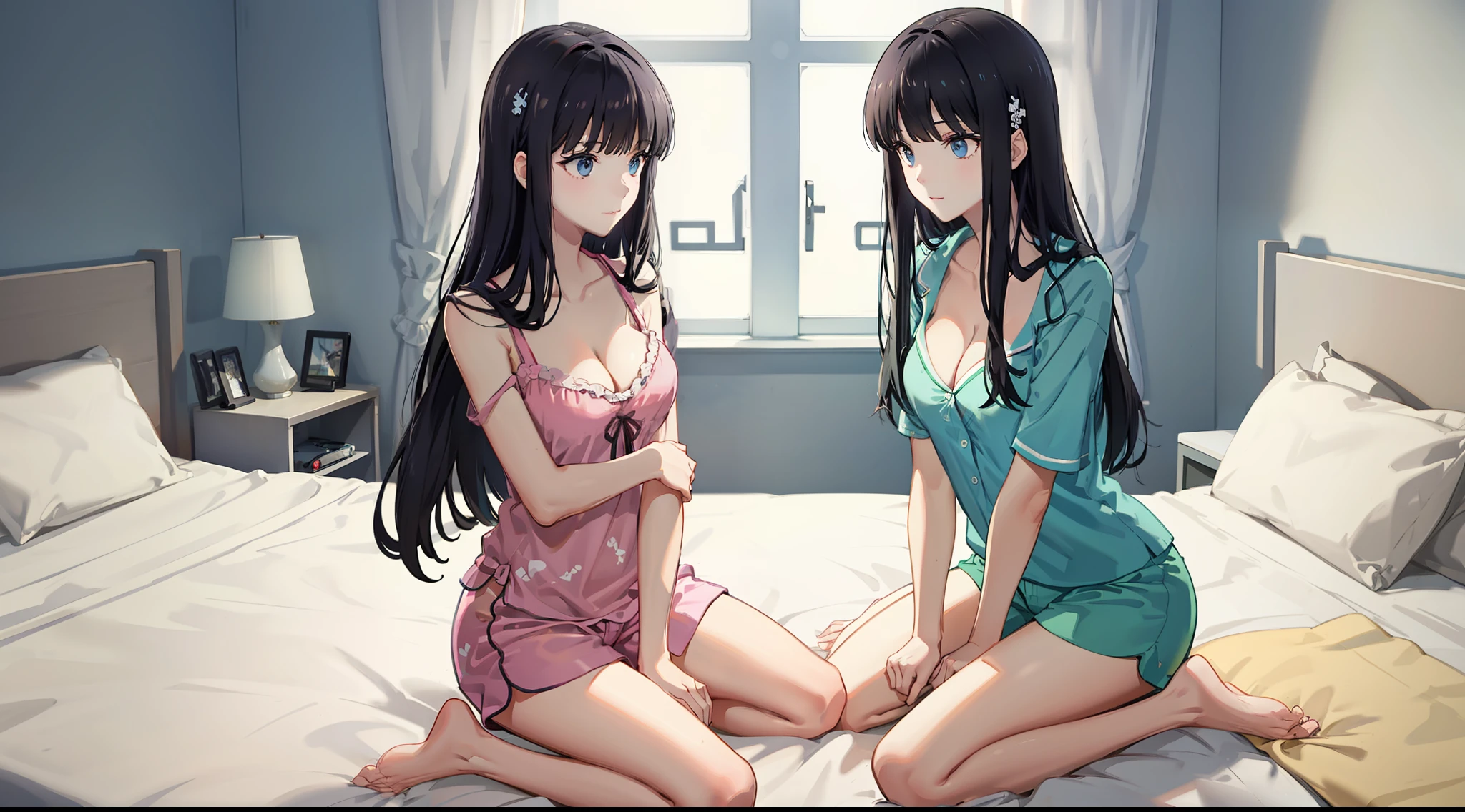 long hair, black hair, medium breast, slim legs, nervous, pajamas, cleavage, bedroom, shorts, 4girl