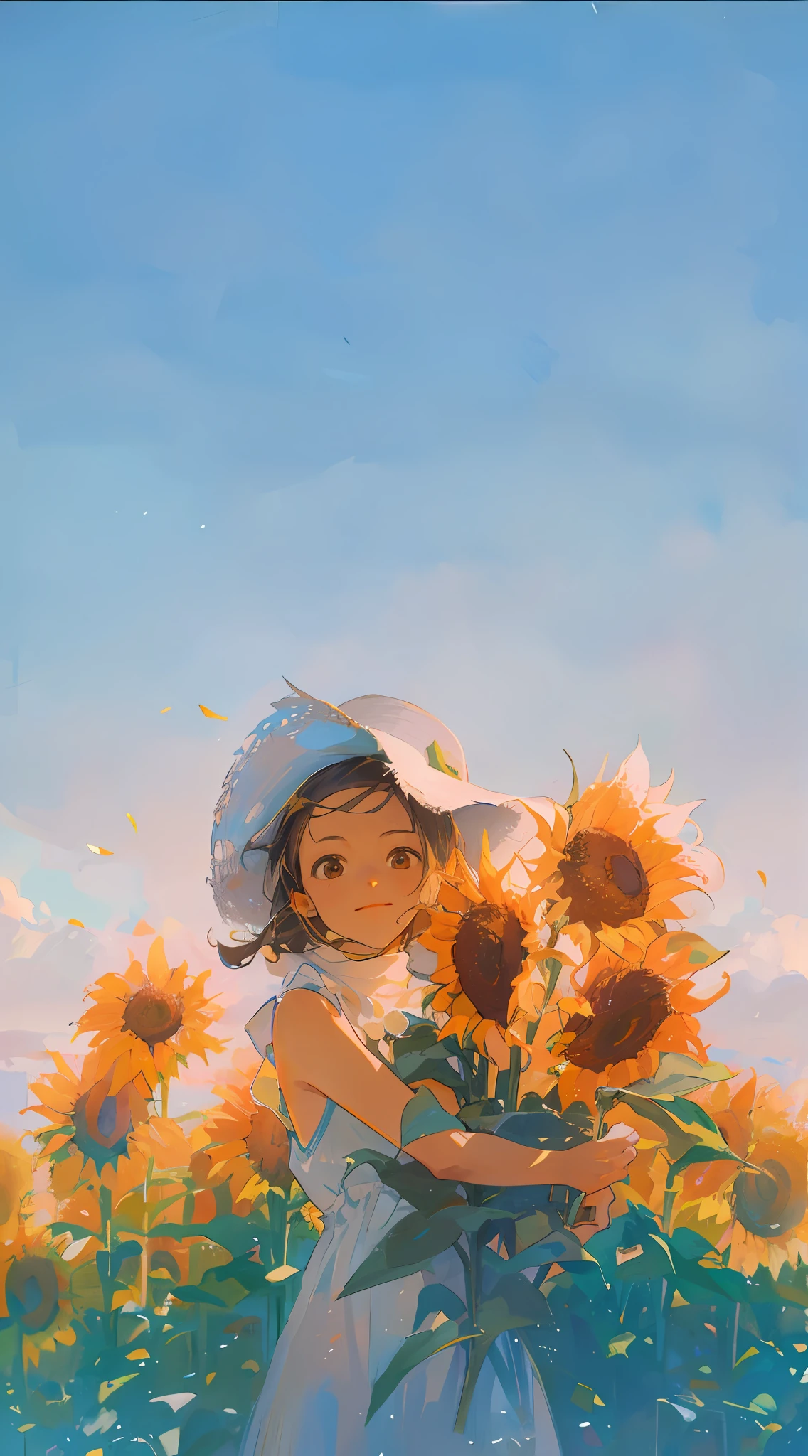 Woman holding a sunflower,The proportion of blue sky and white clouds is very large,the setting sun,There are a lot of gaps,Woman in a white hat,Wear white,Sunflowers behind him ,Realistic photo style --auto