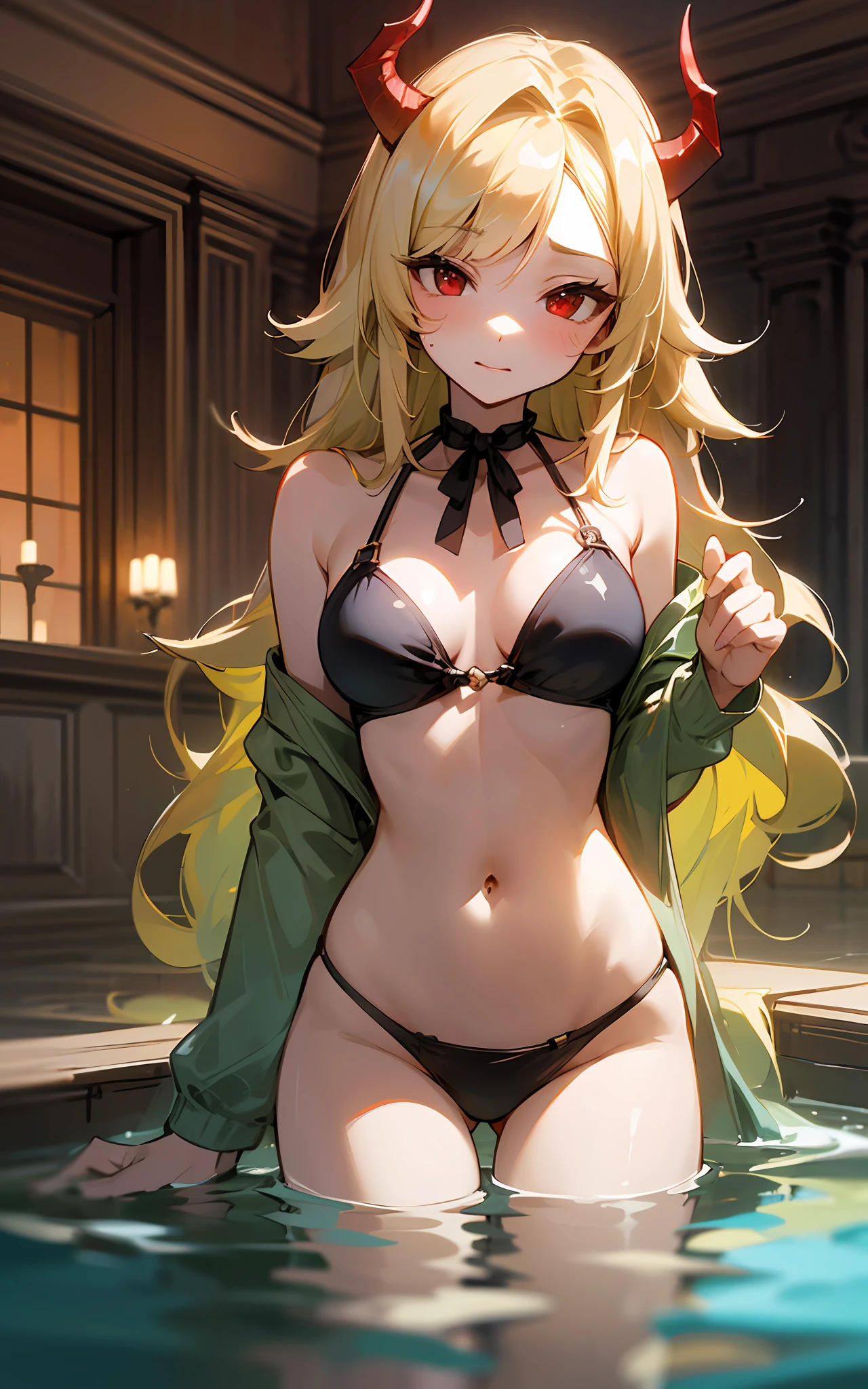 top-quality、hight resolution、detaileds、Beautiful Girl of the Demon Tribe、Long Blonde Hair、Sexy black bikini、An old-fashioned castle watering hole、dim room、red eyes、playing in the water、