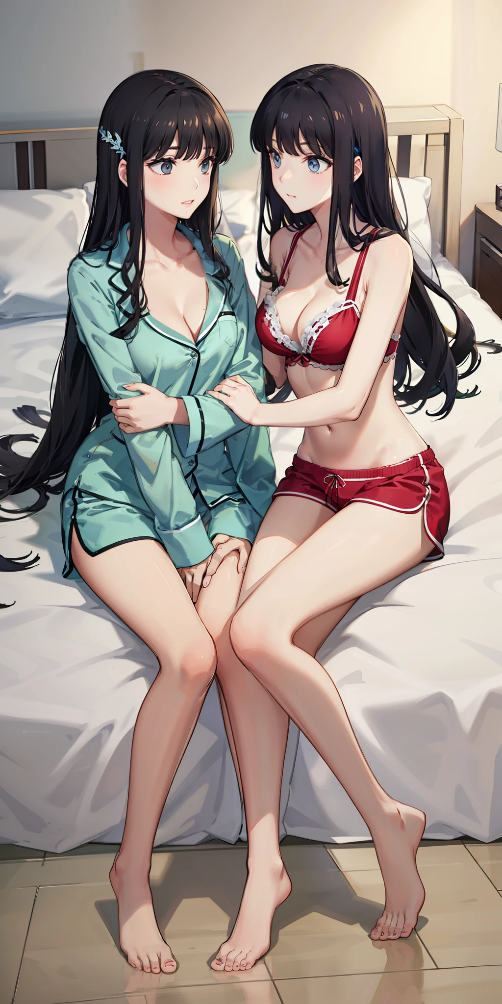 long hair, black hair, medium breast, slim legs, nervous,  pajamas, cleavage, bedroom, shorts, laying on bed