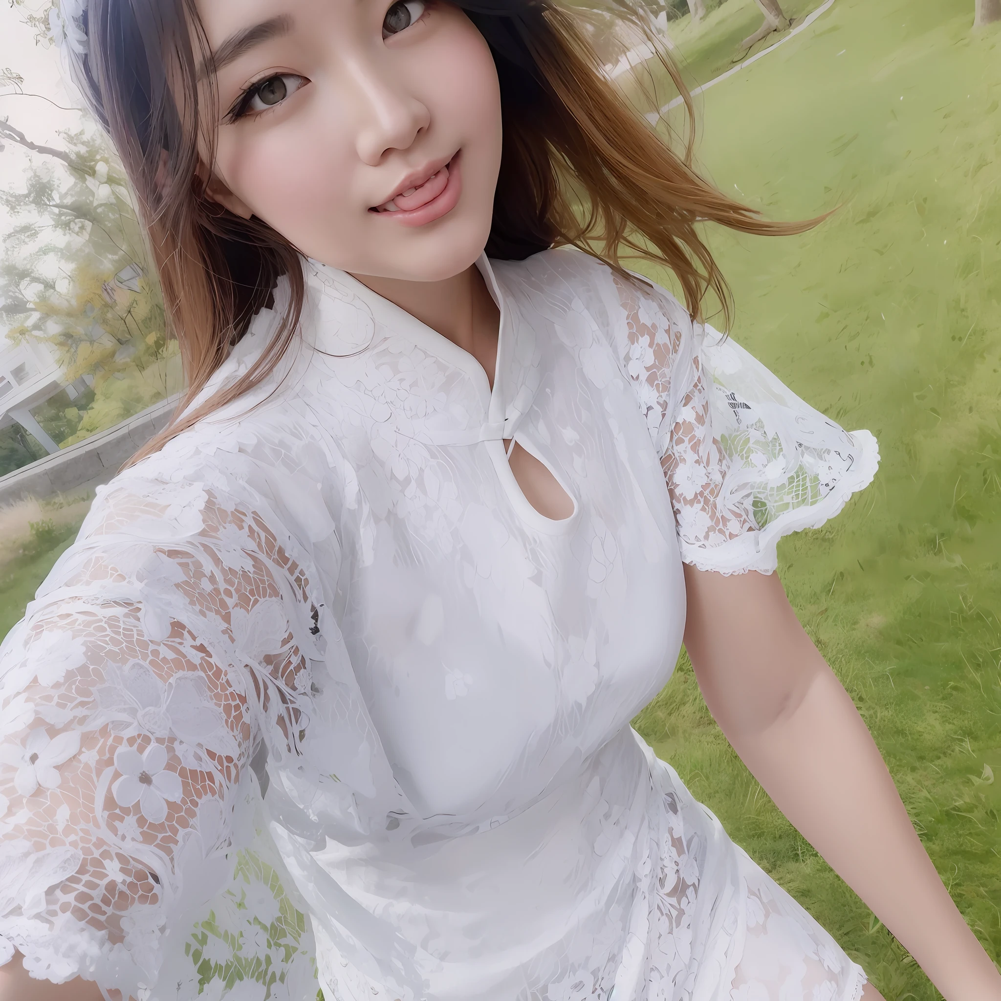 Arapei woman in white dress poses for a photo in the park, smooth white tight clothes suit, Cheongsam, white lace clothing, White lace, 2263539546], White Hanfu, sakimichan hdri, xintong chen, 8K)), 8K selfie photos, 👅 👅, with acient chinese clothes