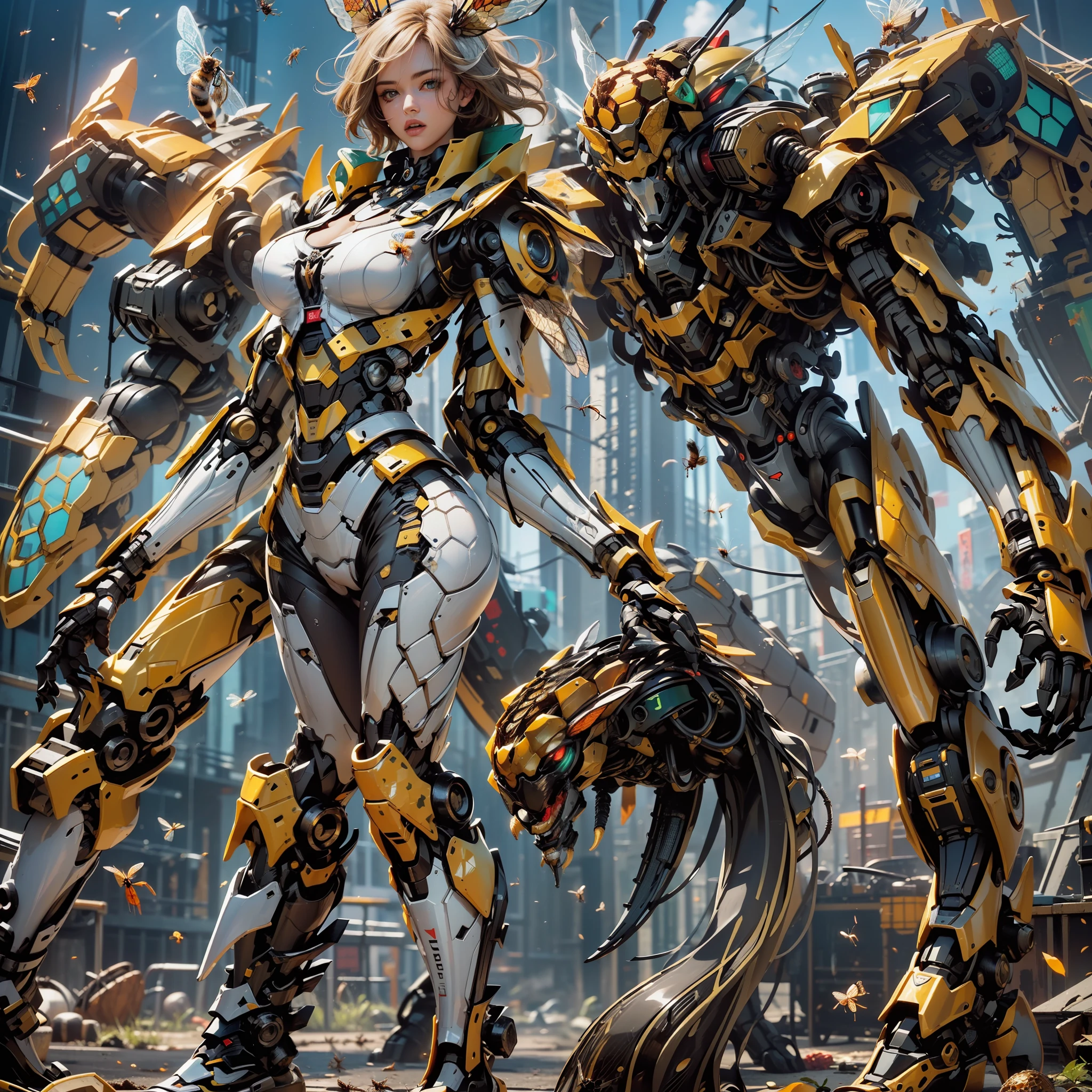 (Golden Ratio:1.2),[(black background:1.4)::10],(masterpiece), (best quality), (ultra detailed),(disheveled hair),(illustration),A girl and a huge robot,The mech is on standby,1 girl have a blonde hair and green eyes,the girl have huge breasts and big butt,The girl wears a black latex tights,Reflective tight clothing,Blackn clothes,A giant robot,Giant monsters,personification,Solo,(Fantasy composition:1.3),(Mechanical insects,/(honeybee):1.2)/),(queen bee),((Hexagonal Kingdom/(honeycomb:1.3)/),High-tech round shield,The shield has a hexagonal pattern,Stable engine,Wires that emit golden light,mechanicalparts,Hydraulic rod,LCD screen,((Arthropod-like structures:1.3)),Mechanical limb,robotic hand,mechanical leg,(Biomimetic technology/(The paws of birds and the exoskeleton of insects:1.3)/),UHD, retina, anatomically correct, textured skin, super detail, best quality, highres