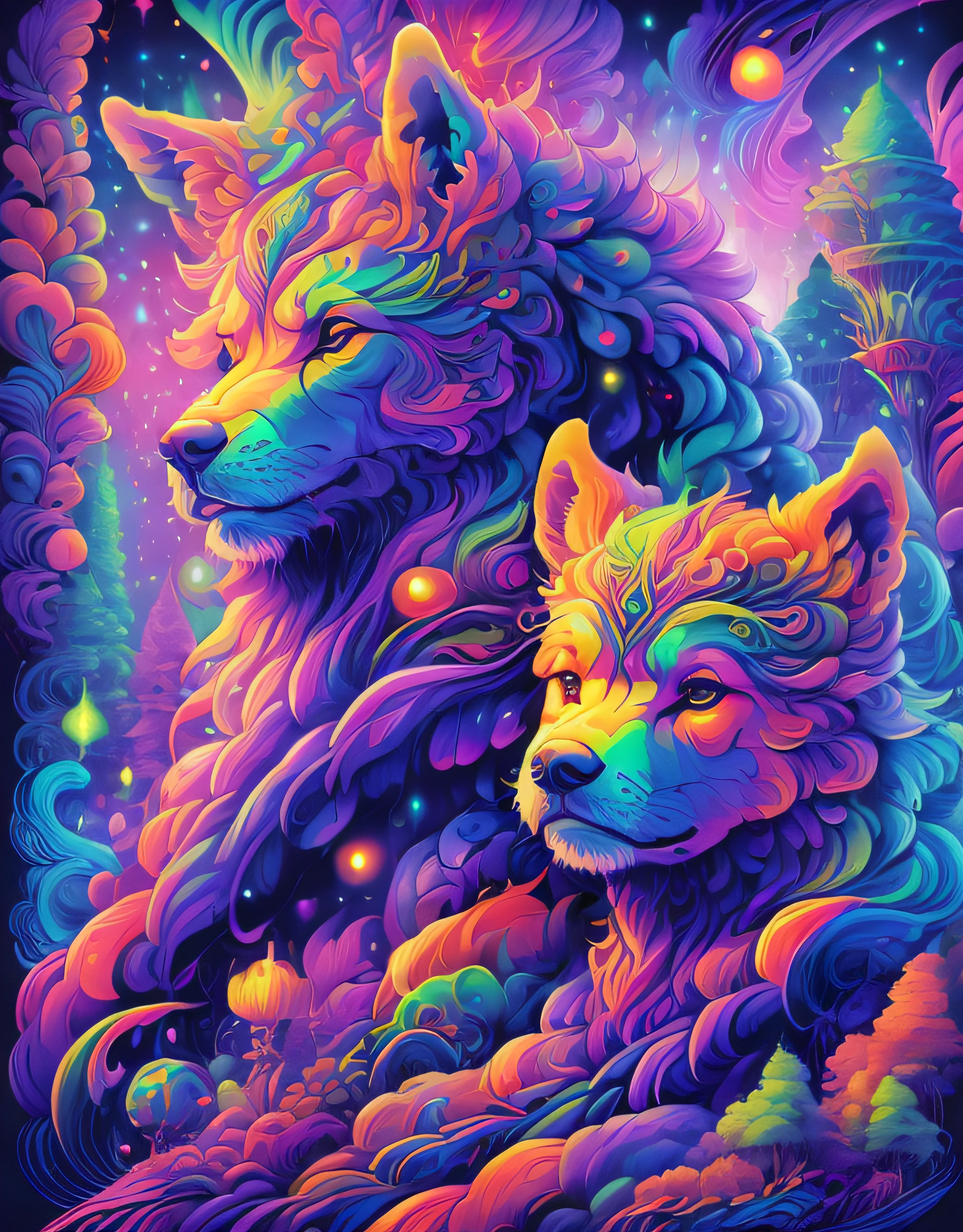 Masterpiece, beautiful psychedelic entropy,best surreal masterpiece, Top quality, Best quality, offcial art, Beautiful and aesthetic:1.2) , The green-skinned wolf and the god stand on the top of the mountain and hold each other ,extreme detailed details,Colorful,highest details, offcial art, gold leaves ,glitter art ,Unity 8k wallpaper, Ultra detailed, Beautiful and aesthetic,Fractal art, mystical and otherworldly, with intricate fur and piercing eyes, in the breathtaking mountain landscape of NCWinters ,alex grey ,Psychedelic, dmt PsyAI