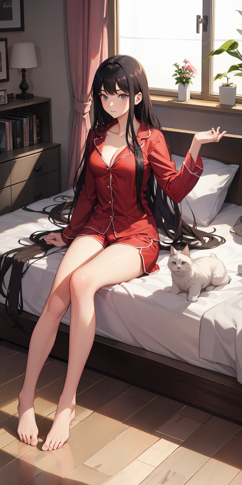 long hair, black hair, medium breast, slim legs, nervous,  pajamas, cleavage, bedroom, shorts