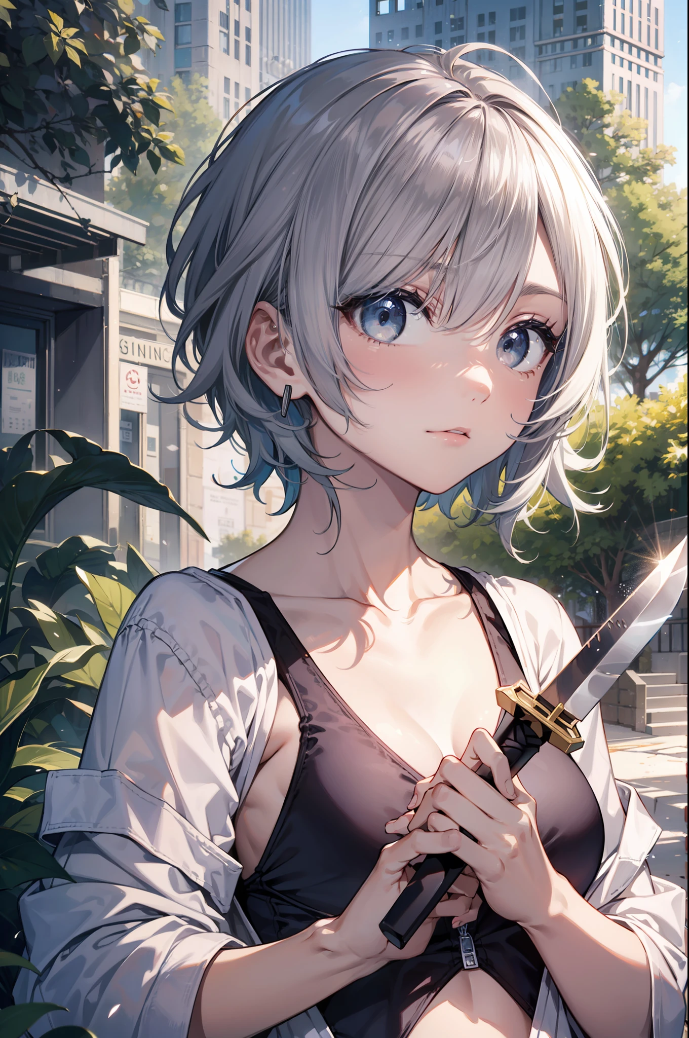 high-level image quality、top-quality、Detailed drawing、Does not blush cheeks、Slender beauty、Docile、ninjartist、Sailorsk swimsuit、Small eyes、Smaller chest、Contrasty、ultra-short hair with gray hair color,,,、Bery short hair、Holding a kunai in both hands、Battle Scenes、Holding a sword in both hands、Wearing a mask、Cladding