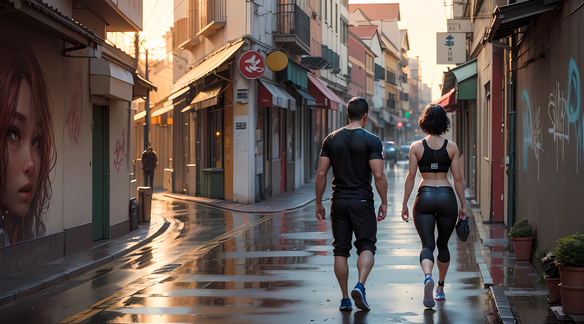 (best qualityer),(Extremely detailed picture),(8k wallpaper),(Movie lighting),(Chasing the light),(Side photo of the sunset),1sexy girl(short detailed hair,Black color hair:1.3),Extremely delicate portrayal of facial features,The skin is soaked with sweat,shorter pants,Muscle lines are pronounced,(the city street),废墟,(There is a large area of colorful graffiti on the wall:2.0),(Full body appearance:1.5),(tmasterpiece)