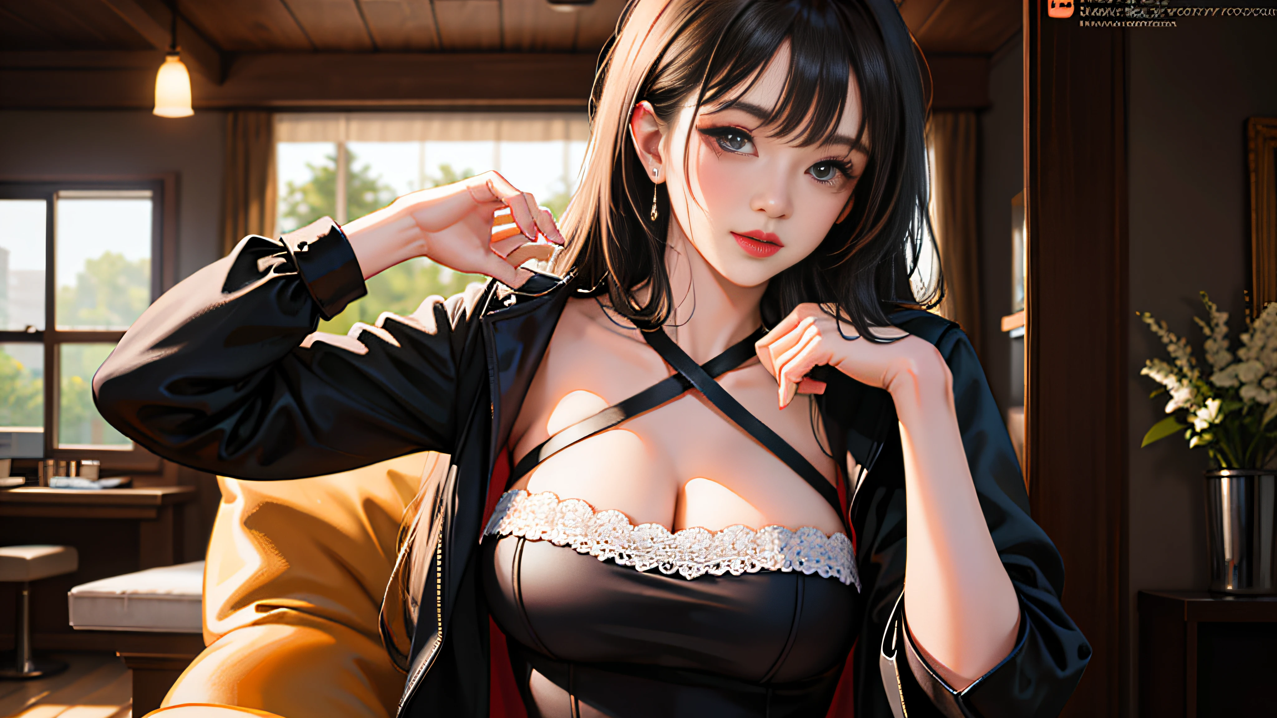 ​masterpiece, top-quality, 超A high resolution,(photographrealistic:1.4),((1girl in)), The upper part of the body, Close-up of a shot of the face, big eye, Colossal tits, cleavage of the breast, doress,A sexy、 cute little, 年轻, the pose, looking at the viewers, valley, criss-cross,A sexy,a room