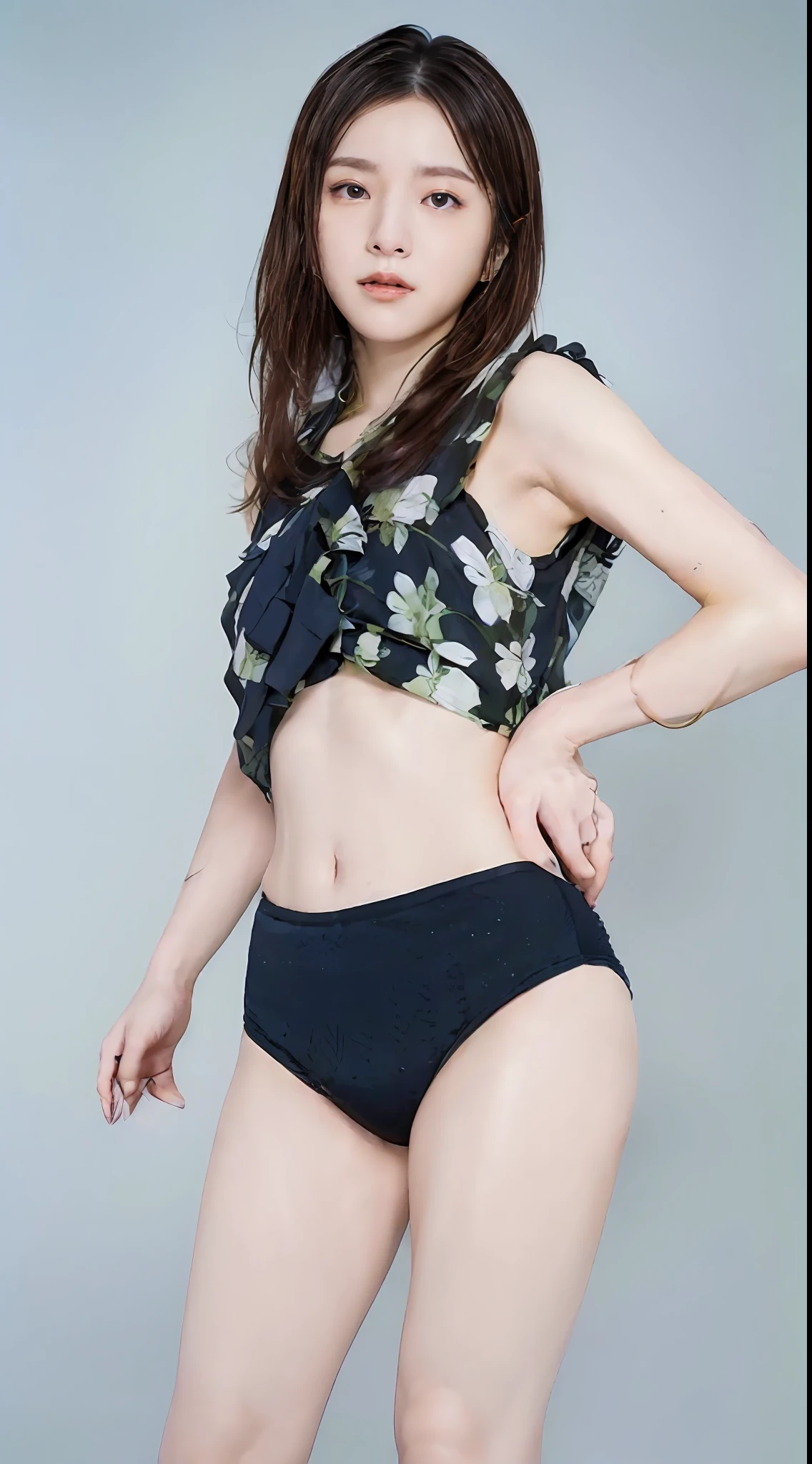 1 girl in(8K、Raw photography、top-quality、masterpiece:1.2)、(realisitic、realisitic:1.37)、ultra-detailliert、longshot、FULL BODYSHOT、recording studio、(((highleg)))、realistic eyes and face details、natural skin textures、(((thighs thighs thighs thighs、beauty legs、abdominals、a navel)))、Fair skin、A detailed face、真实感、Realistic background、Realistic lighting、sexypose、Sweaty skin