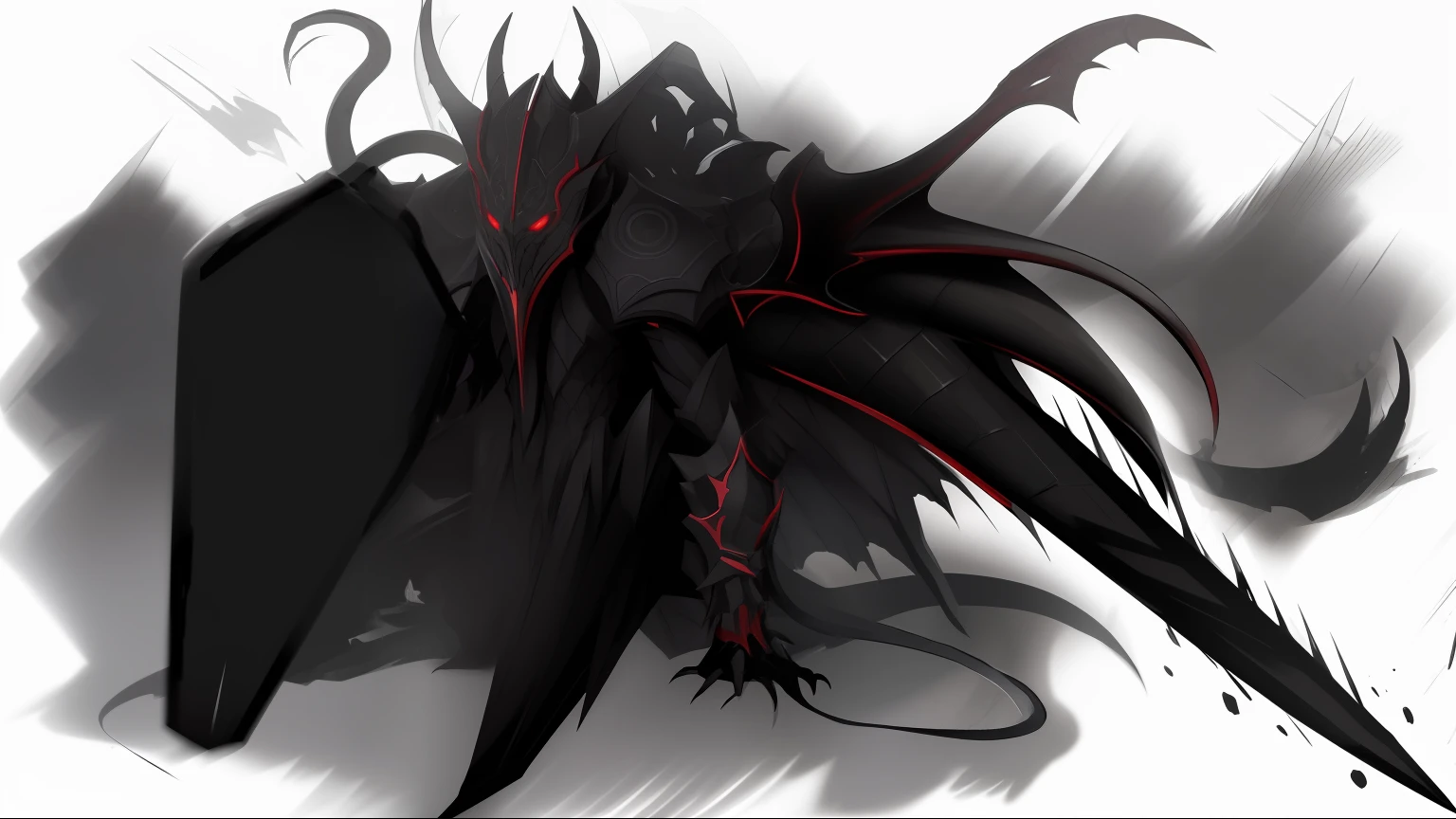 There is a drawing of a demon with a large black head, anthropomorphic raven knight, Black Dragon, reaper of night!!!!, dark soul concept, Armor dress, Inspired by a demonic dragon, dark fantasy style art, dark high-contrast concept art, A black spear instead of one hand, demon soul concept art, Ancalagon Black, Dark feathered wings, dark concept art, A knight with a shield
