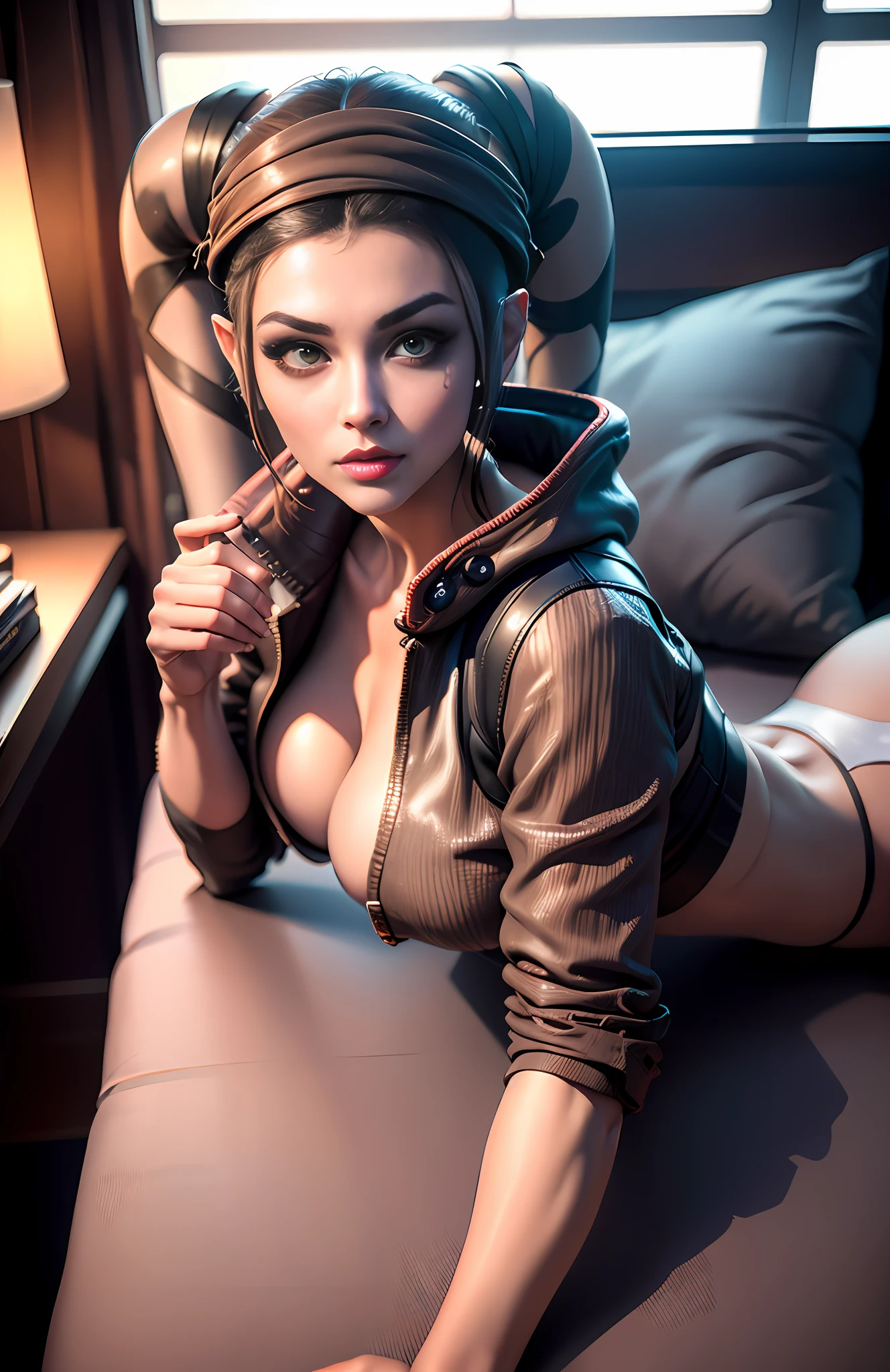 masterpiece, highest quality, high resolution, solo, interior, staggered bra, lie down, detail maniac, hd, high quality, detailed face, detailed body limbs, detailed, 1 girl, solo, bed, sleeveless shirt, fishnet clothing, dark lips, buttonless jacket, no bra, exposed, blush, white light stockings, transparent clothes, bursting private parts, R18, reality, female private parts, sweat liquid, 3 d render character art 8 k, portrait beautiful sci - fi girl, wlop. scifi, sci fi female character, stunning cgsociety, show full body, twi'lek, naughty smile, star wars ship, remove headband, make younger, bathrobe, sexy pose, sexy eyes, sexy smille, lies on the bed, lay on bed, sleep on bed, comfortable pose, on sapceship bedroom, futuristic bedroom, red color skin, green color eyes