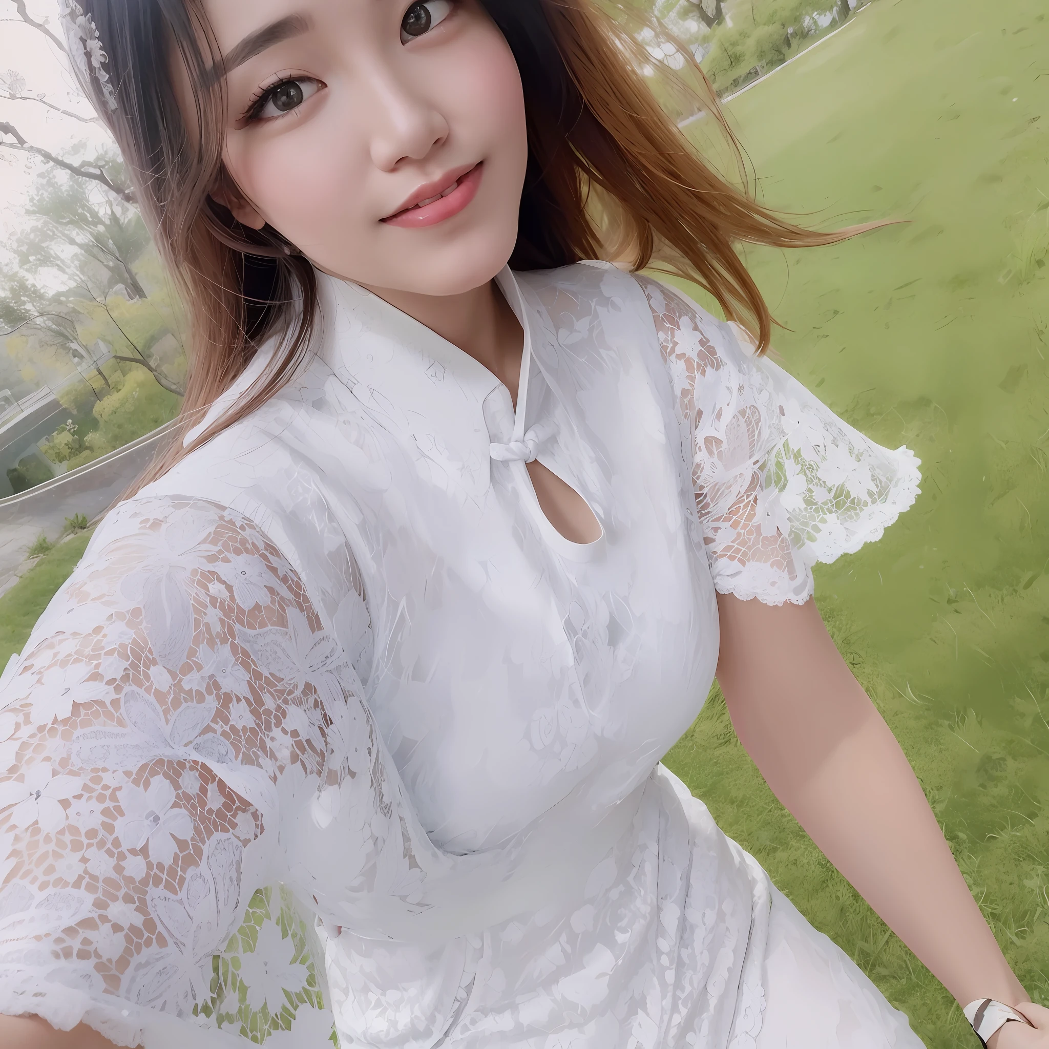 Arapei woman in white dress poses for a photo in the park, smooth white tight clothes suit, Cheongsam, white lace clothing, White lace, 2263539546], White Hanfu, sakimichan hdri, xintong chen, 8K)), 8K selfie photos, 👅 👅, with acient chinese clothes