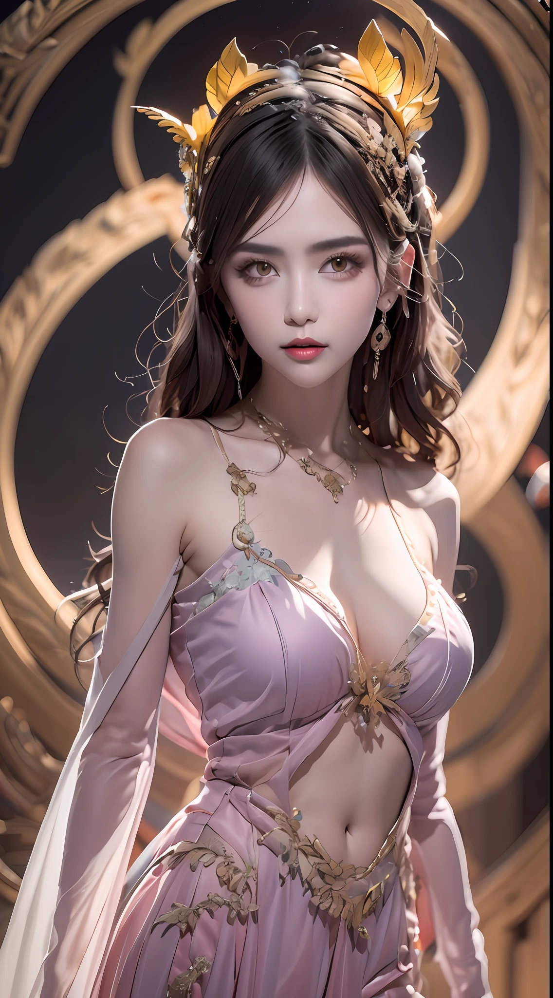 1 20 year old girl, 1 goddess Athena, pink purple silk dress, beautiful goddess Athena face without blemishes, delicate yellow nightgown, long thin nightgown of saint with many sexy black lace details, saint legend, saint icon, beautiful goddess style elegant glitter, dark and mysterious version, petite goddess crown, vermilion lips, delicate and beautiful lips, karol character, thin and smiley character, no smile intricate, detailed background, extremely detailed, light magic, (pure and flawless face: 1.9), saintly body, round breasts, big and round breasts, phoenix brooch, long flat bangs, (7-color rainbow-colored hair: 1.9), clear beautiful face and well-proportioned eyes, (transparent yellow eyes: 1.8), (big round eyes and meticulous makeup, very beautiful and hidden makeup, long hair with dark makeup, hidden blonde hair, very beautiful and detailed sleeping makeup, pale, upper body, (saint's upper bodies): 1.8), drooping arms, Realistic and vivid images, (stars that make up the sky: 1.7), (sky of heaven and fictional gates of time and space: 1.8), fictional art, RAW photos, hanfu photos, best photos, high resolution, best quality, best photos, surreal portraits, surreal female images, 8k quality , single female saint portrait, most realistic color scheme, best photo color, masterpiece, hair decoration, necklace, jewelry, pretty face, upper body, brand tyndall effect, real photo, dark studio, border lights, two-tone lighting, (white skin pink: 1.4), (high skin detail: 1.1), 8k uhd, dslr, high resolution, soft light, high quality, high quality h, Smooth and sharp, 10x pixelation, sexy goddess, sexy goddess, (background space: 1.8), (galaxy: 1.7), aurora, lightning, (Aurora Background: 1.8), best eyes, perfect eyes, solo 1 girl, saint and beautiful flower,