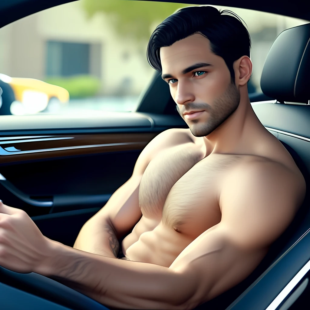 handsome man, green eyes, short black hair, young man aged 35, ultra realistic, inside a luxury car, 8K --auto --s2