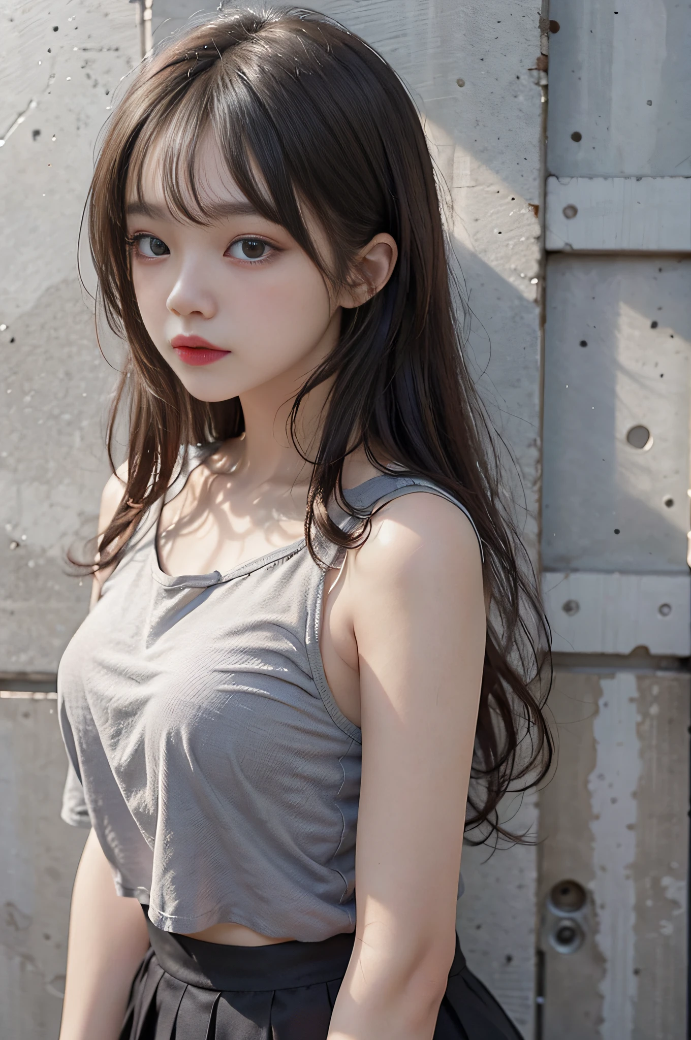 Top image quality、Raw photography、超A high resolution、18 year old cool Korean、big round chest、Camisole、skirt by the、Shiny hair、Beautiful Eyes of Details、very elongated eyes、Beautiful eyelashes、Beautiful double eyelids、eyeshadows、耳Nipple Ring、chest above close-up、Wall on gray background