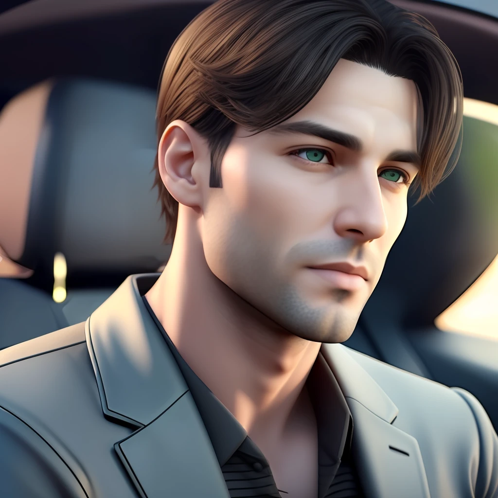 handsome man, green eyes, short black hair, young man aged 35, ultra realistic, inside a luxury car, 8K --auto --s2