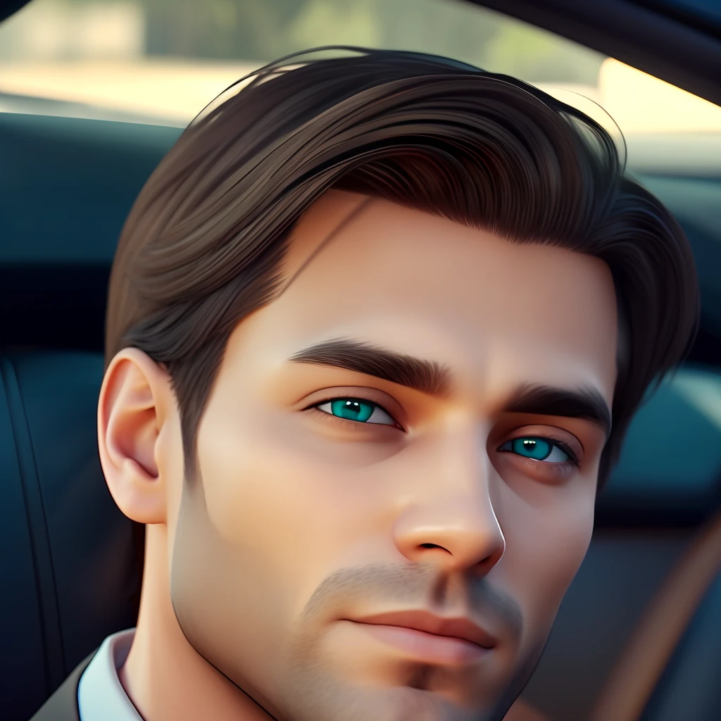 handsome man, green eyes, short black hair, young man aged 35, ultra realistic, inside a luxury car, 8K --auto --s2