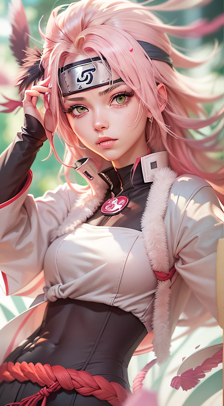 masterpiece, absurdness, 1girl with green eyes, (((Haruno Sakura))), (Naruto Shippuden), solo, wearing in slug sage mode, headband with the ((symbol from the Hidden Leaf Village)), looking at viewer, floating hair, wind, white pants, anime style 4 k, realistic anime art style, anime style. 8k, beautiful anime girl, artgerm from artstation