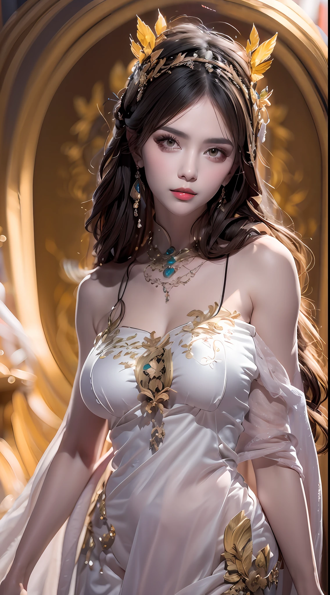 1 20 year old girl, 1 goddess Athena, pink purple silk dress, beautiful goddess Athena face without blemishes, delicate yellow nightgown, long thin nightgown of saint with many sexy black lace details, saint legend, saint icon, beautiful goddess style elegant glitter, dark and mysterious version, petite goddess crown, vermilion lips, delicate and beautiful lips, karol character, thin and smiley character, no smile intricate, detailed background, extremely detailed, light magic, (pure and flawless face: 1.9), saintly body, round breasts, big and round breasts, phoenix brooch, long flat bangs, (7-color rainbow-colored hair: 1.9), clear beautiful face and well-proportioned eyes, (transparent yellow eyes: 1.8), (big round eyes and meticulous makeup, very beautiful and hidden makeup, long hair with dark makeup, hidden blonde hair, very beautiful and detailed sleeping makeup, pale, upper body, (saint's upper bodies): 1.8), drooping arms, Realistic and vivid images, (stars that make up the sky: 1.7), (sky of heaven and fictional gates of time and space: 1.8), fictional art, RAW photos, hanfu photos, best photos, high resolution, best quality, best photos, surreal portraits, surreal female images, 8k quality , single female saint portrait, most realistic color scheme, best photo color, masterpiece, hair decoration, necklace, jewelry, pretty face, upper body, brand tyndall effect, real photo, dark studio, border lights, two-tone lighting, (white skin pink: 1.4), (high skin detail: 1.1), 8k uhd, dslr, high resolution, soft light, high quality, high quality h, Smooth and sharp, 10x pixelation, sexy goddess, sexy goddess, (background space: 1.8), (galaxy: 1.7), aurora, lightning, (Aurora Background: 1.8), best eyes, perfect eyes, solo 1 girl, saint and beautiful flower,
