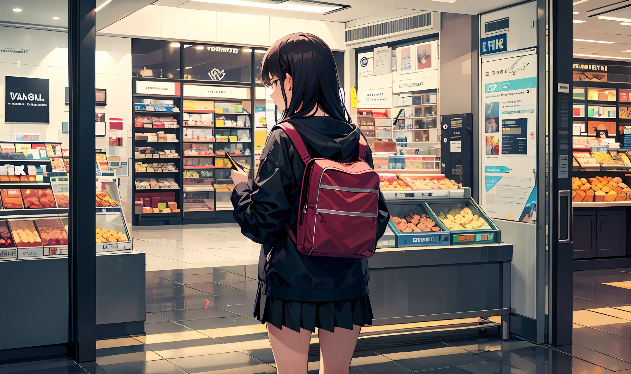 Outside the mall, a girl looks at the logo of the mall