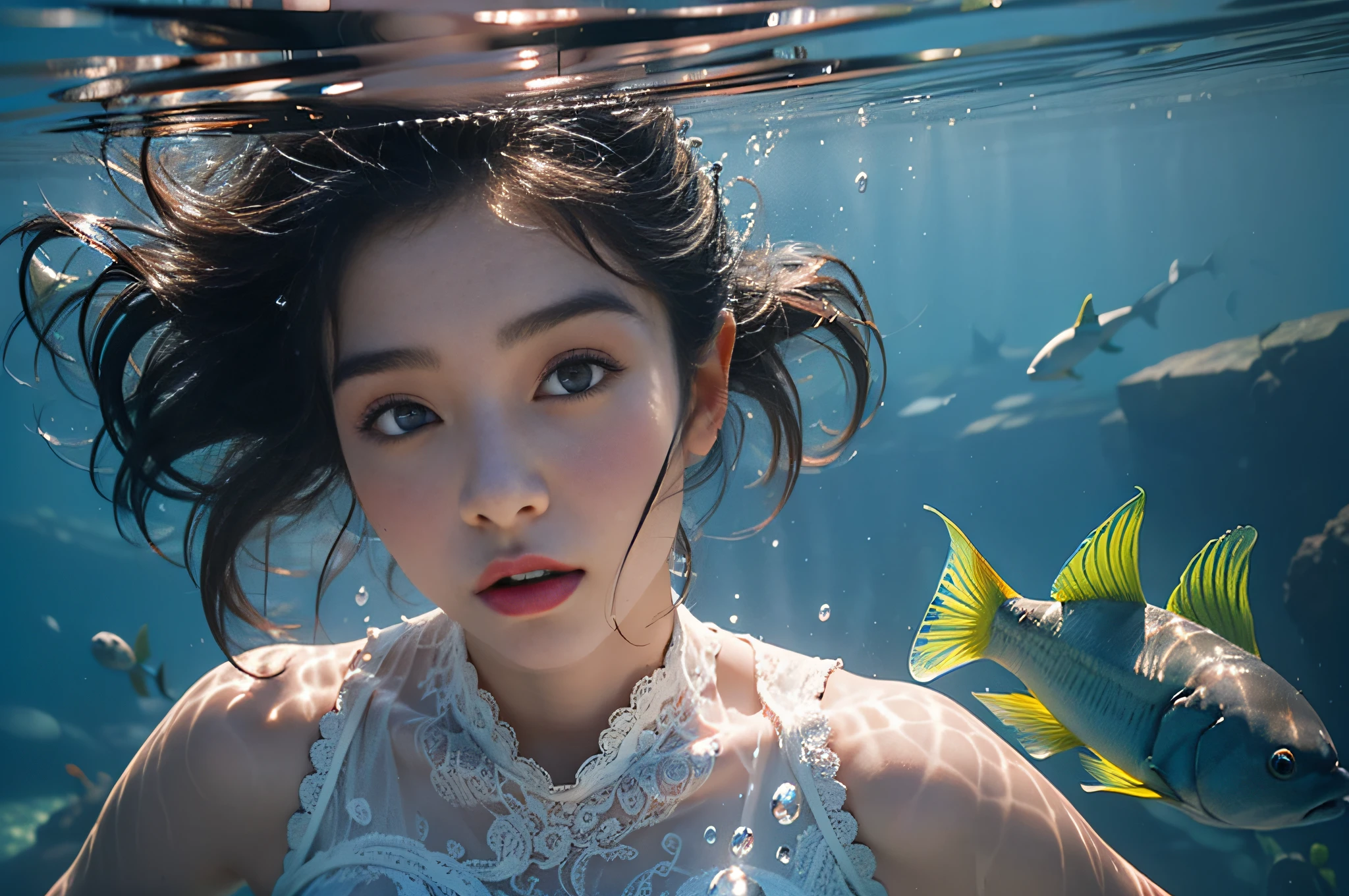 25 years old Korean girl，1个Giant Breast Girl，girl on top， wet suit， s the perfect face， eBlue eyes， Lace，  dive，Under water，shuixia，Break，Blue tones，(((surrounded with fishes)))