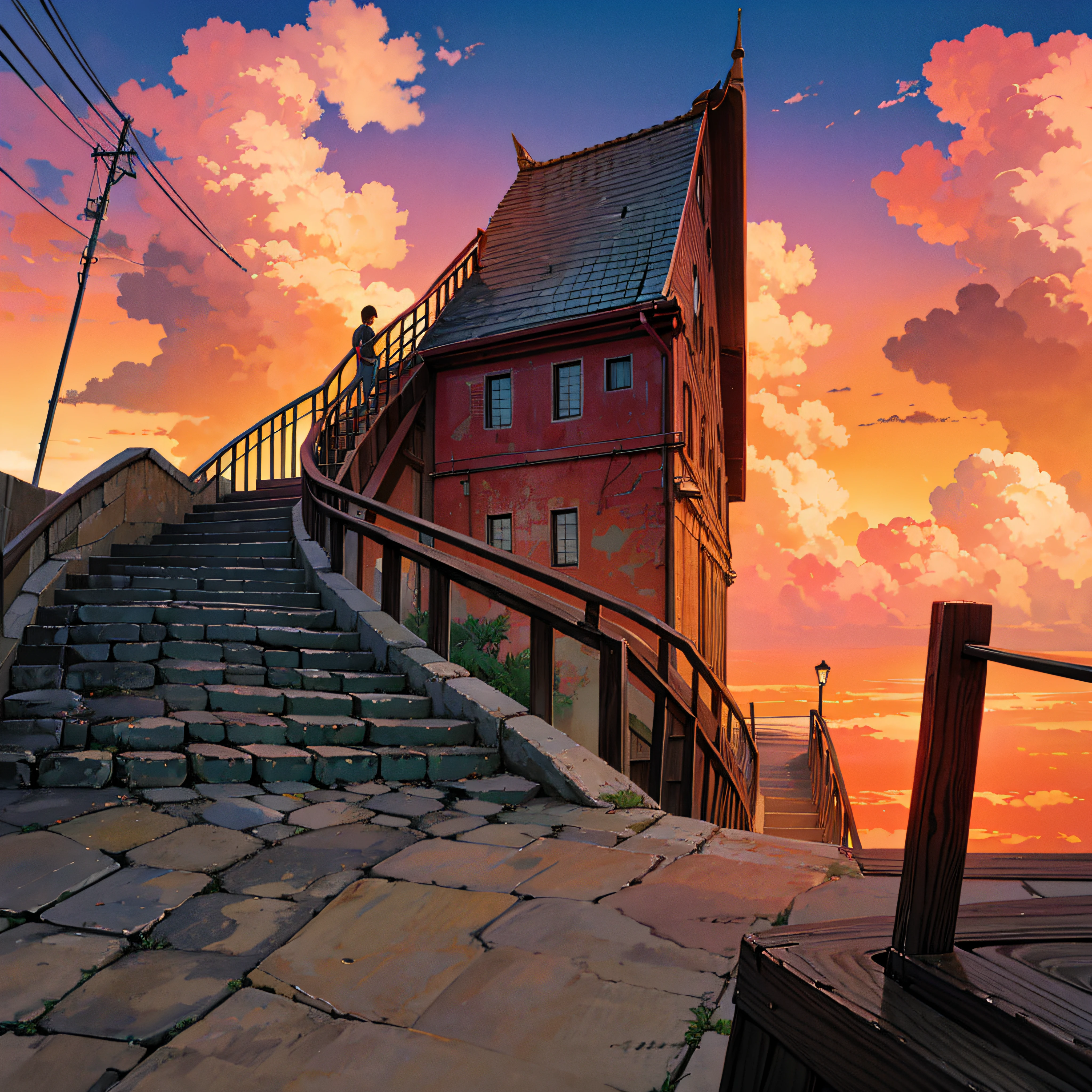 animesque、Skyscape with clouds、Red sunset sky、Deities々Shikai、stairway、You can see the touch of the brush、no human figures、Studio Ghibli、Ghibli、Scenery、Style、The light is sparkling、sky line、low angles --auto