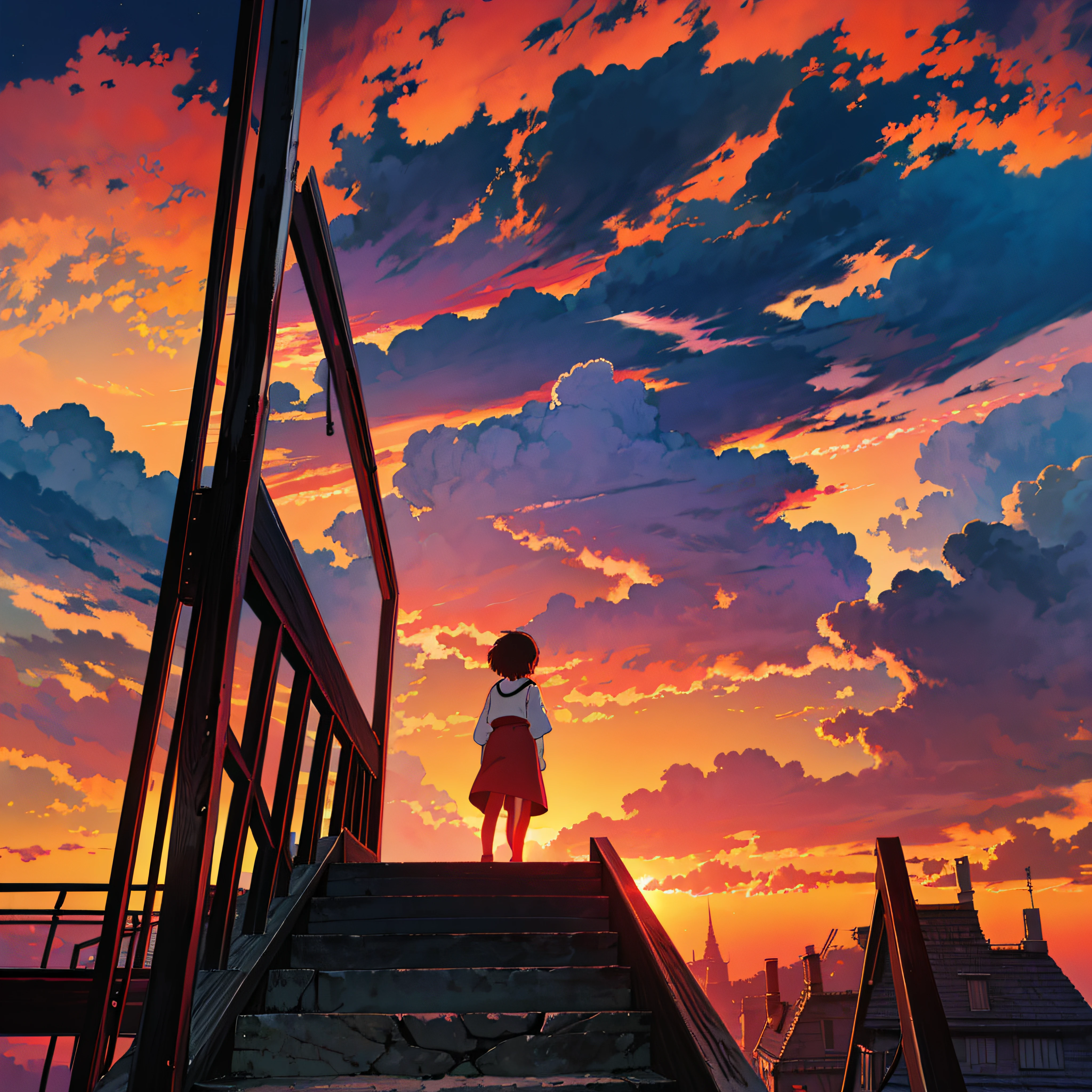 animesque、Skyscape with clouds、Red sunset sky、Deities々Shikai、stairway、You can see the touch of the brush、no human figures、Studio Ghibli、Ghibli、Scenery、Style、The light is sparkling、sky line、low angles --auto
