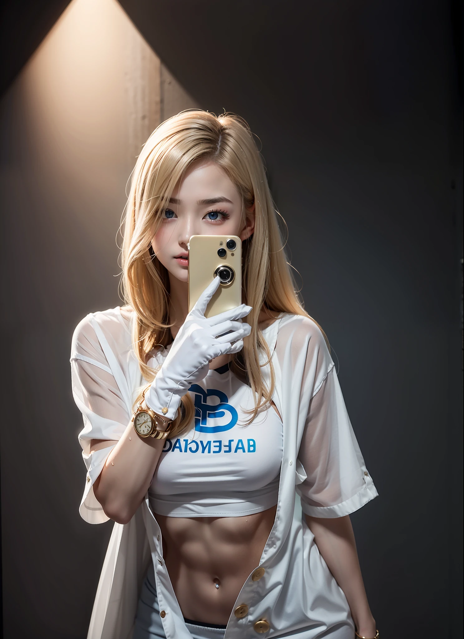 ((16 yaers old,A very cute girl showing off her body indoors)),((Long shirt with wet white buttons:1.1)),White silk extreme miniskirt,Miniature mini G line silk,(((:1.4,Sagging breasts:1.5))),8K,RAW photos,((full body shot of)),(highly detailedskin:1.2),(The kinky is exposed:1.5),(Exposed breasts:1.5), (Bare back:1.5),(cropped shoulders:1.1),(Bare crotch:1.5),photography of,tmasterpiece,best qualtiy,dark grey background,(A beautiful Caucasian girl,A beautiful Blue eyes,Gorgeous light blonde hair,White skin,Huge soft breasts and beautiful abs,Golden,Wearing white gloves),a variety of poses,Super detailed face,Detailed eyes,((no close-up)),((exteriors)),(Wet clothes:1.2)。