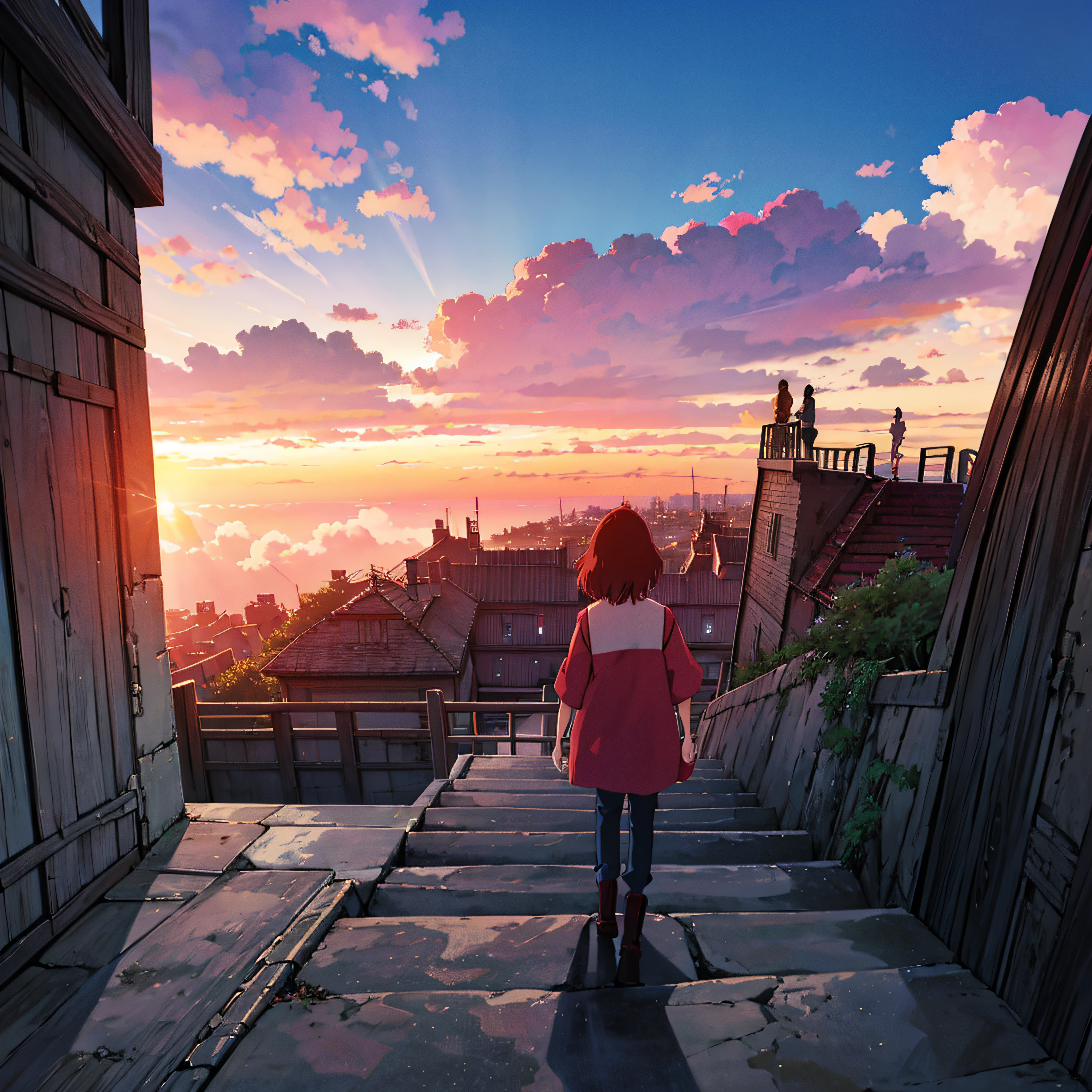 animesque、Skyscape with clouds、Red sunset sky、Deities々Shikai、stairway、You can see the touch of the brush、no human figures、Studio Ghibli、Ghibli、Scenery、Style、The light is sparkling、sky line、low angles --auto