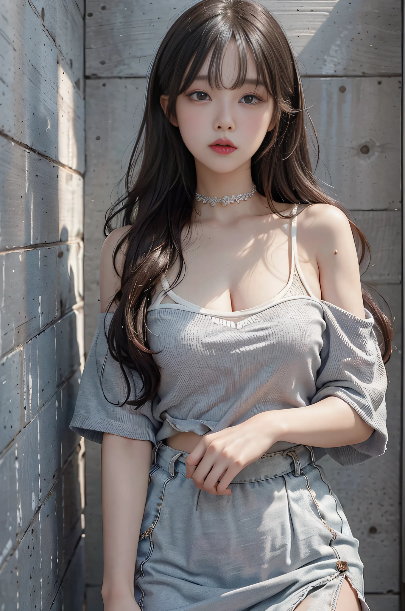 Top image quality、Raw photography、超A high resolution、18 year old cool Korean、big round chest、Camisole、skirt by the、Shiny hair、Beautiful Eyes of Details、very elongated eyes、Beautiful eyelashes、Beautiful double eyelids、eyeshadows、耳Nipple Ring、chest above close-up、Wall on grey background
