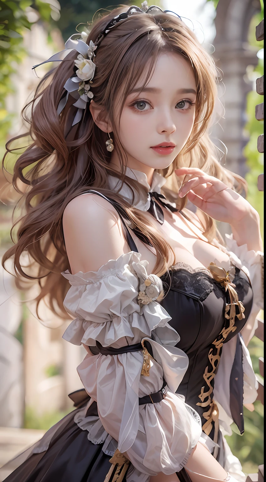 （8K， RAW photos， best qualtiy， tmasterpiece：1.2），（realisticlying， photograph realistic：1.4)
Lolita costume，Lace， Aerith Gainsborough， The upper part of the body， undergarments，exposed bare shoulders， do lado de fora， Old castle， high high quality， Adobe Lightroom， highdetailskin， looking at viewert，