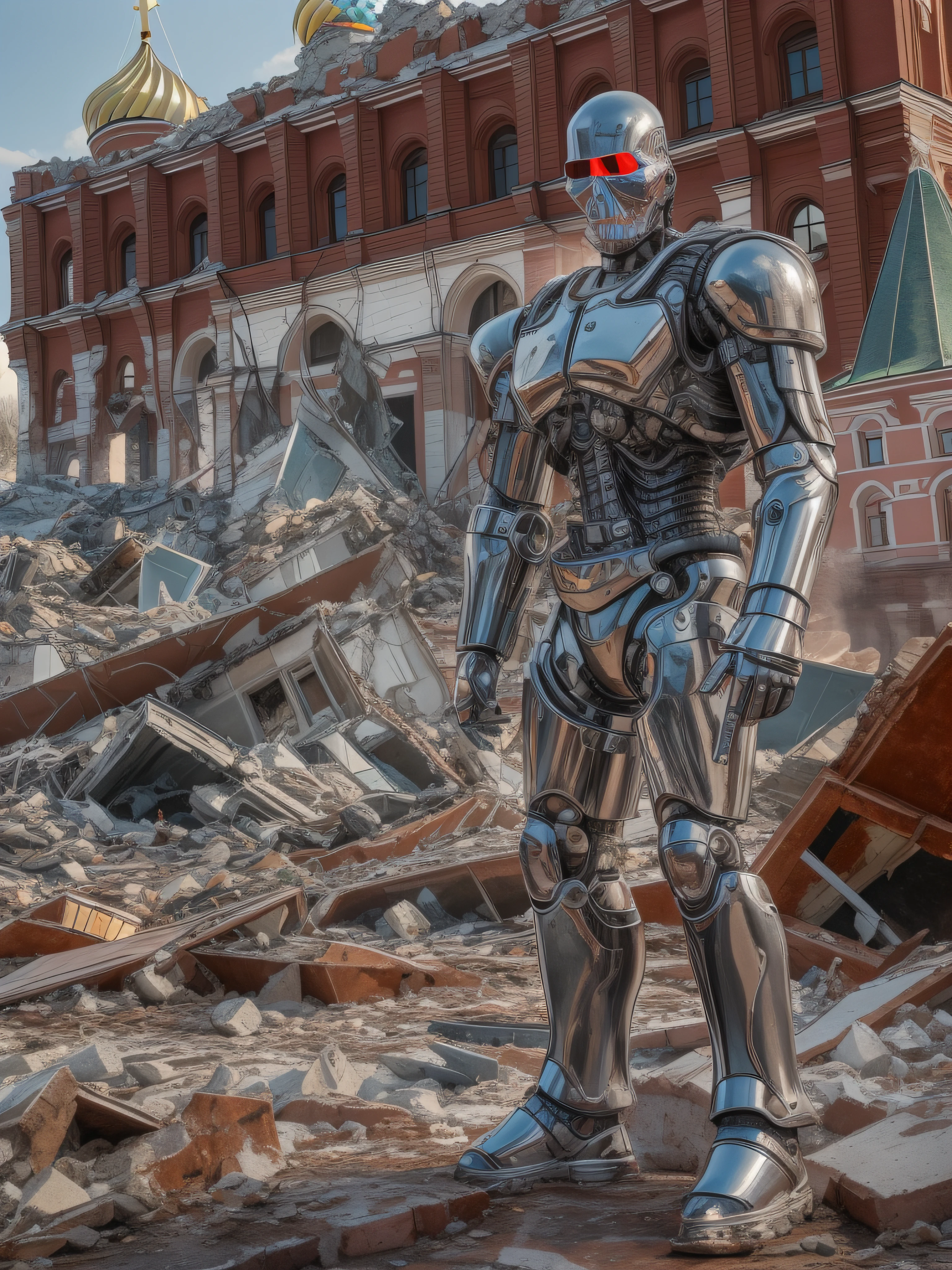 full shot, full water, terminator T-800 (CSM 101) stands against the background of the destroyed kremlin on red square in moscow, glossy chrome parts, red eyes, realistic chiaroscuro, super high quality, super high detail, clear focus, 32k, super naturalistic, hyper photorealistic