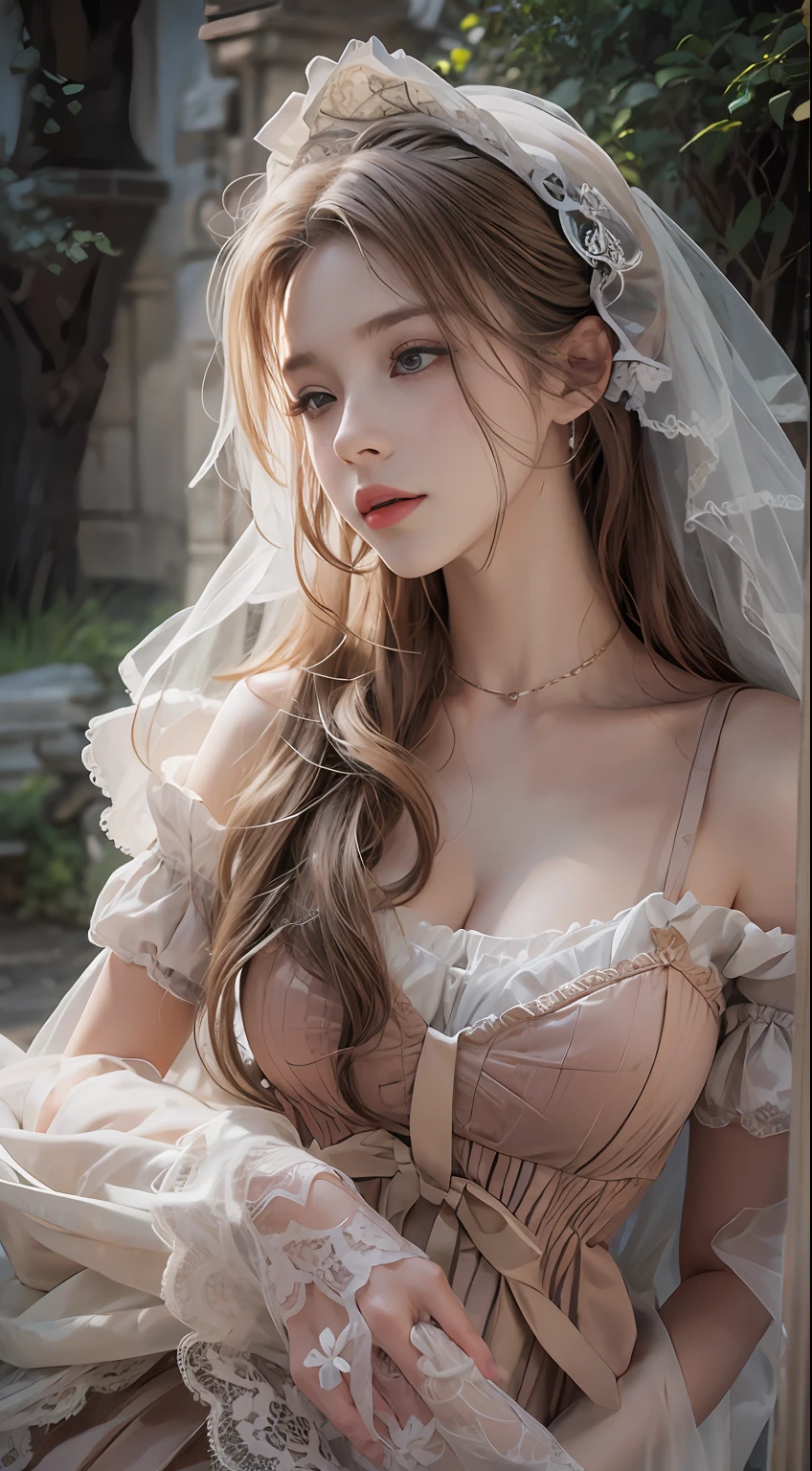 (8K, RAW photos, best qualtiy, tmasterpiece:1.2),(realisticlying, photograph realistic:1.4)
Lolita costume,Lace, Aerith Gainsborough, The upper part of the body, undergarments,exposed bare shoulders, do lado de fora, Old castle, high high quality, Adobe Lightroom, highdetailskin, looking at viewert,