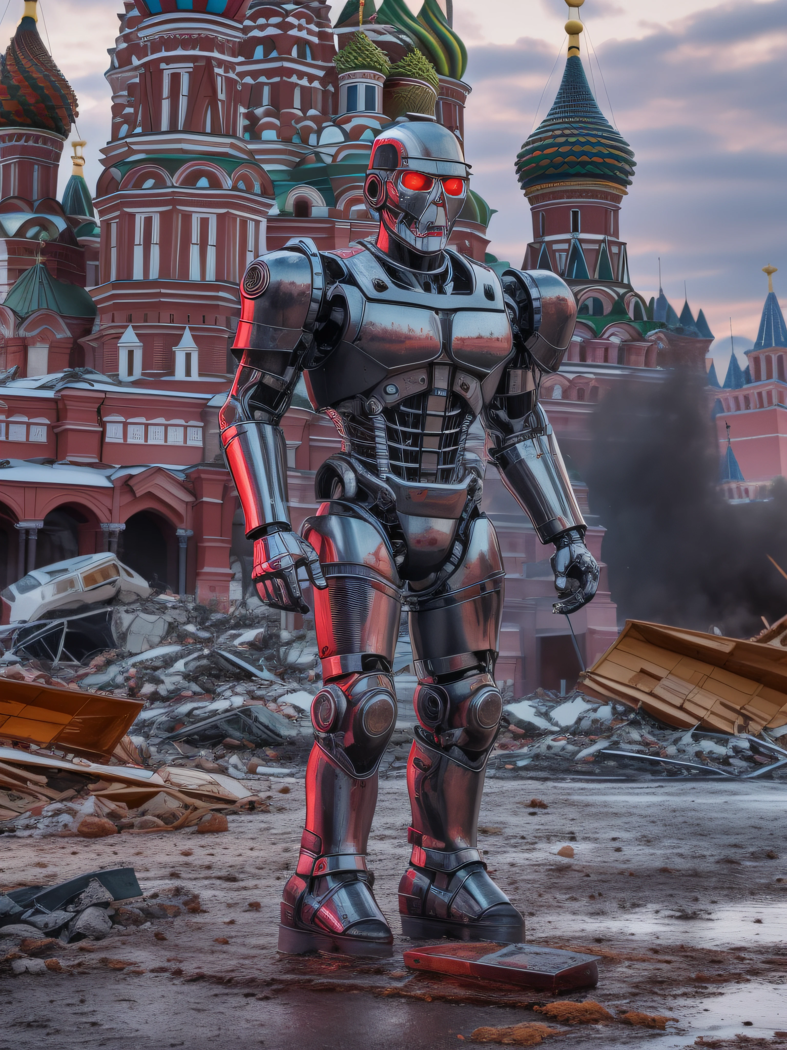 full shot, full water, terminator T-800 (CSM 101) stands against the background of the destroyed kremlin on red square in moscow, glossy chrome parts, red eyes, realistic chiaroscuro, super high quality, super high detail, clear focus, 32k, super naturalistic, hyper photorealistic